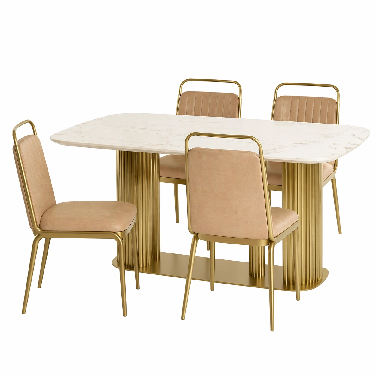Conjunto de mesa de comedor extensible con 4 sillas tapizadas y estructura dorada 155/215x87 cm-rendsphere