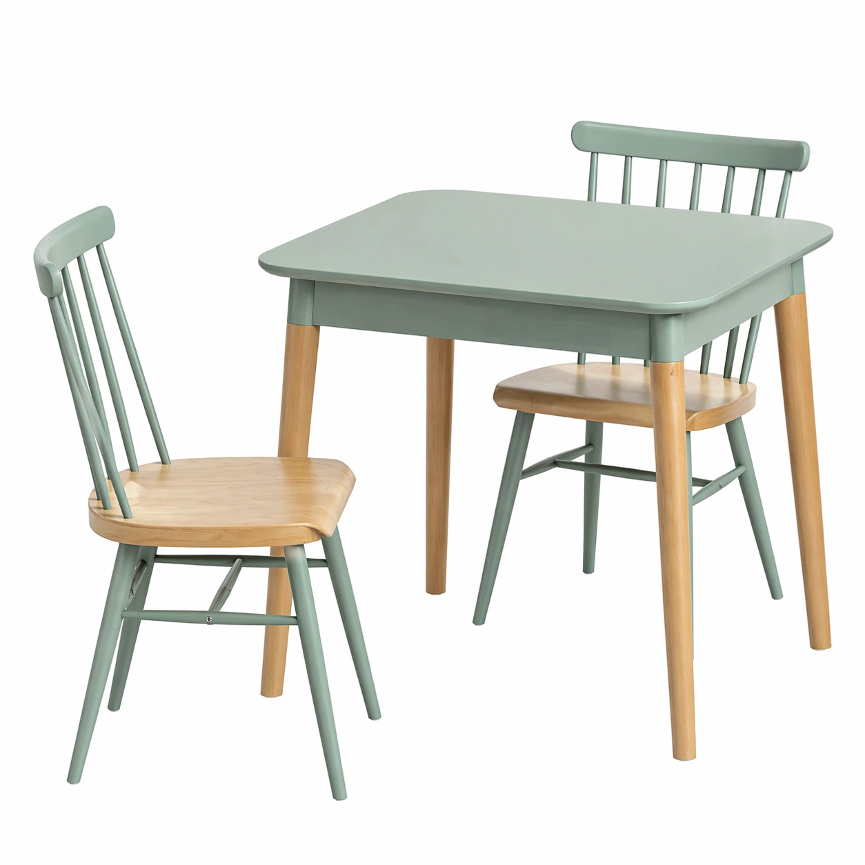 Mesa de comedor compacta con 2 sillas estilo nordico 80x60 cm acabado madera natural y verde suave-rendsphere