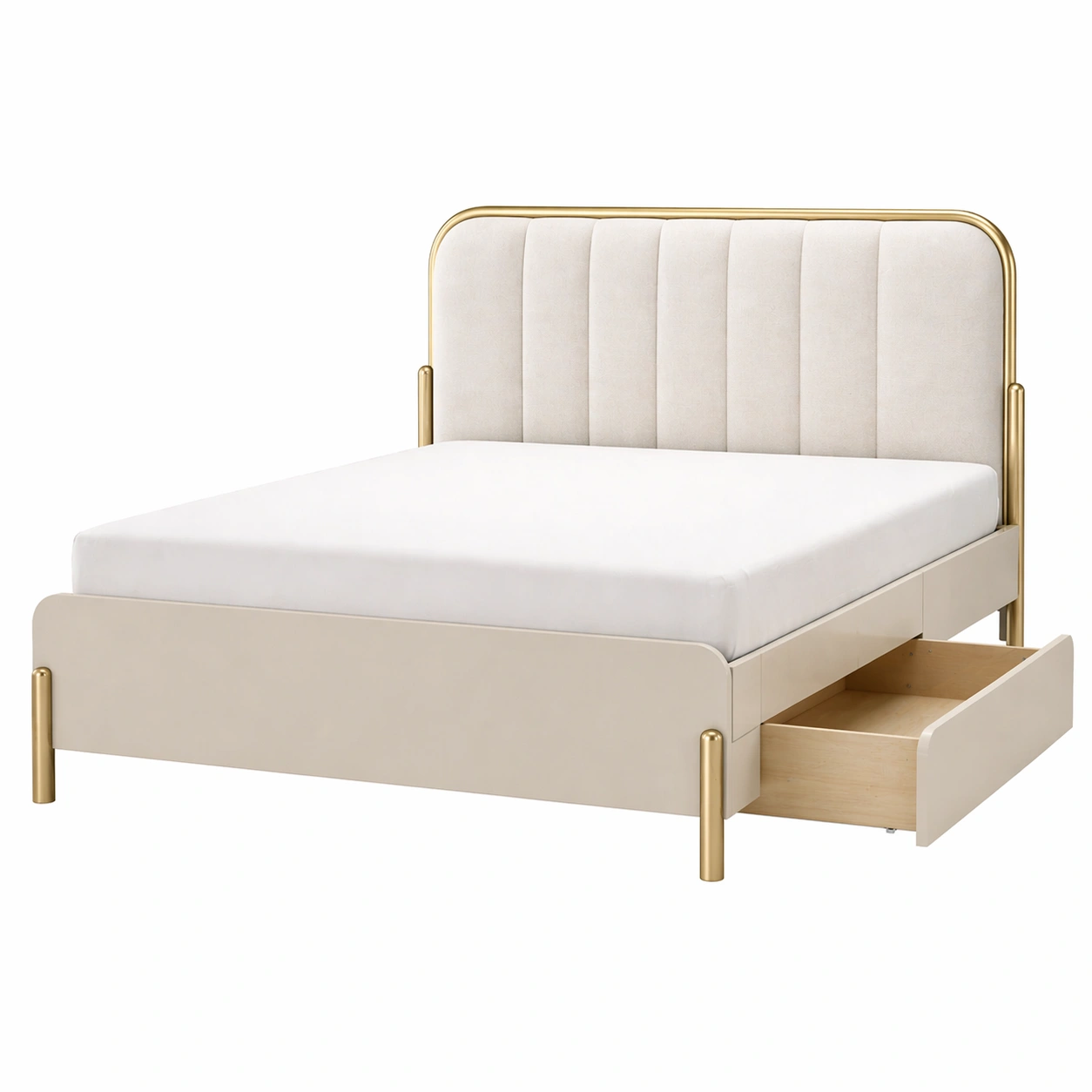 Cama con almacenamiento integrado y cabecero tapizado beige claro 160x200 cm-rendsphere