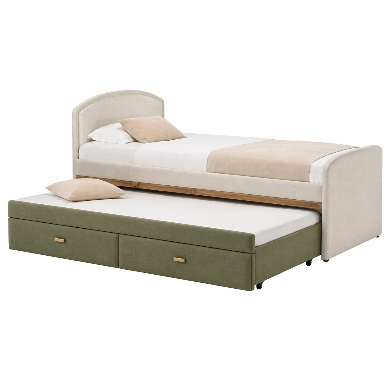 Cama individual tapizada con cama inferior extraíble y almacenamiento integrado 90x200 cm-rendsphere