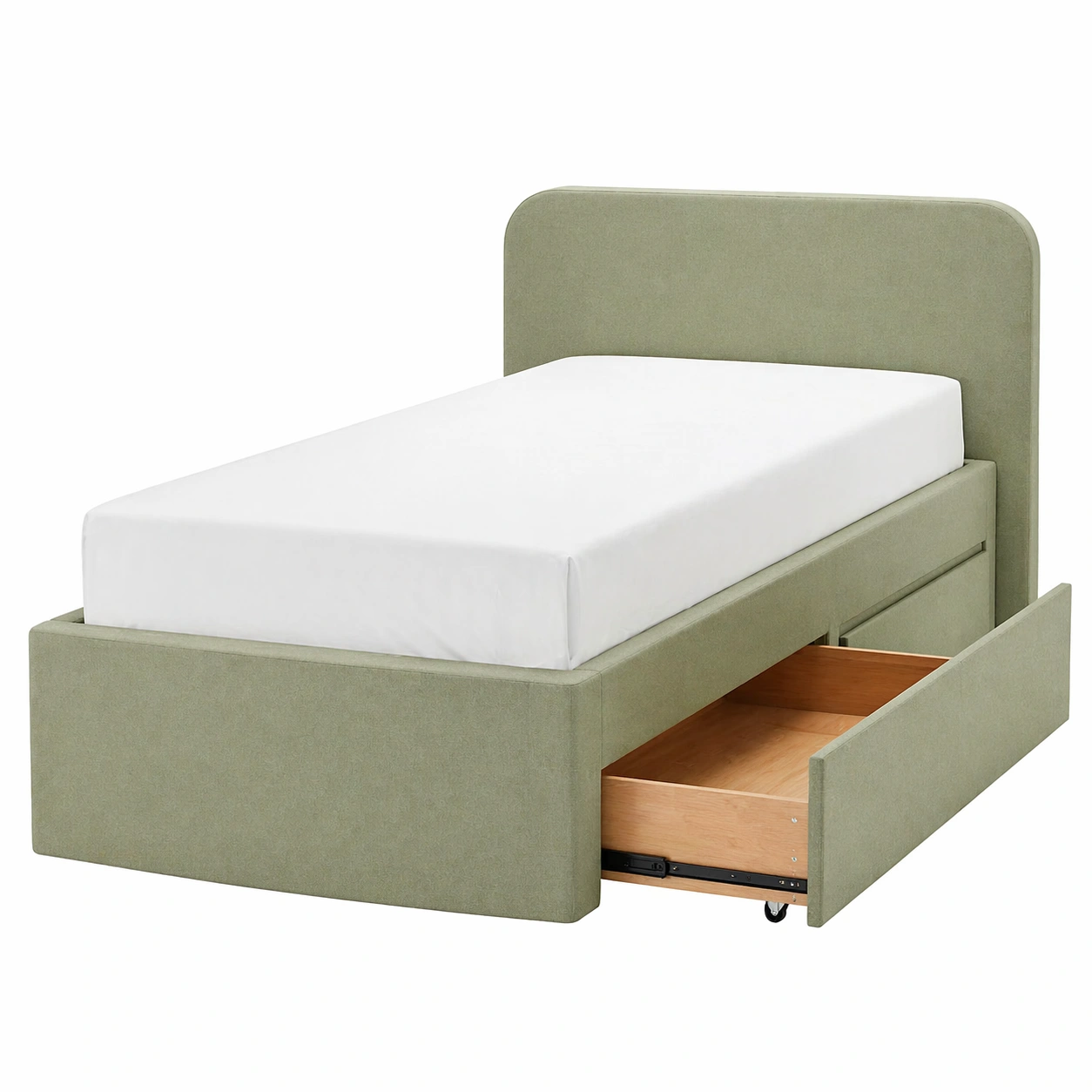 Cama individual tapizada con almacenaje integrado en verde oliva 90x200 cm-rendsphere