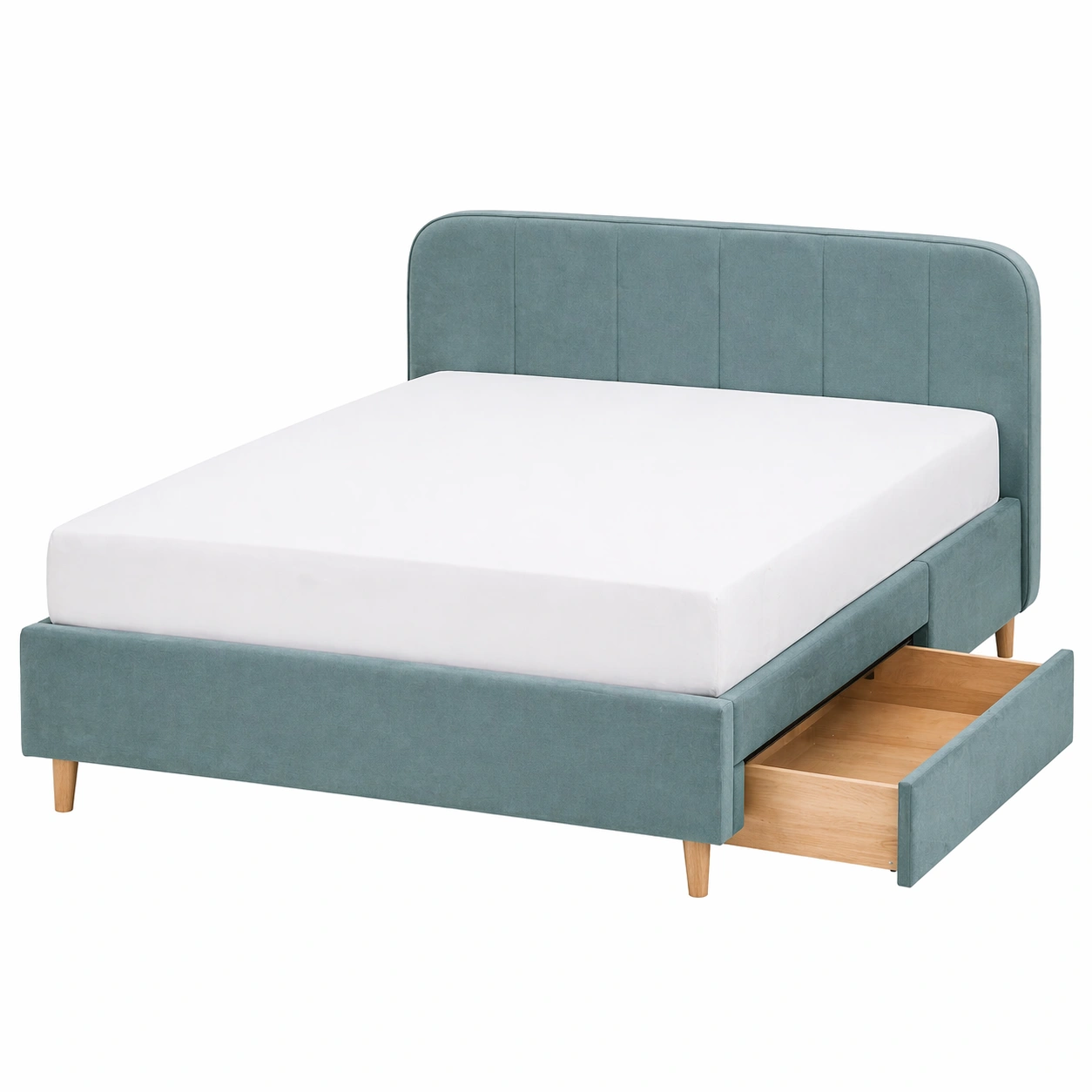 Cama tapizada con 2 cajones de almacenamiento en tela verde suave-rendsphere