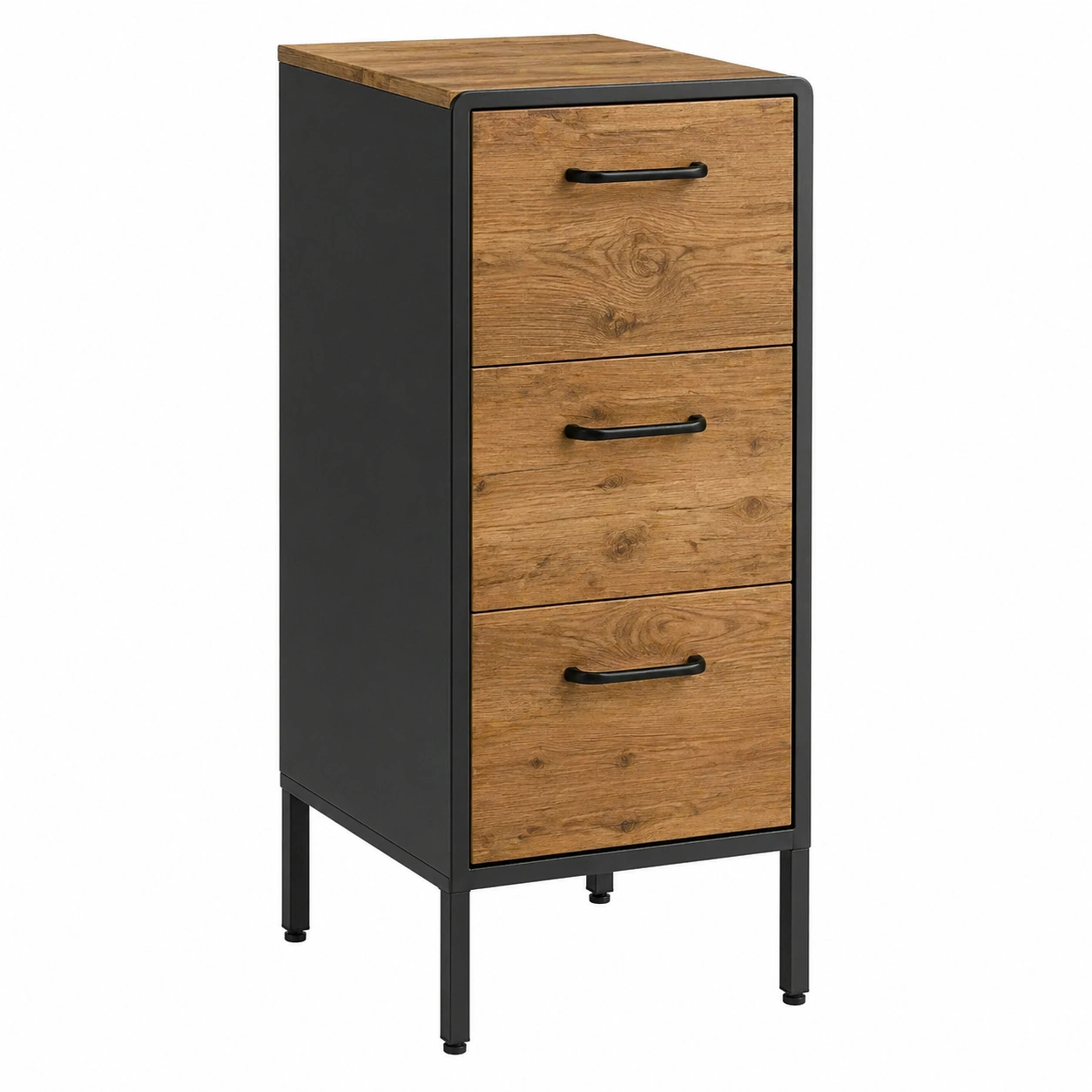 Cajonera industrial de oficina con 3 cajones y estructura metálica negra-nexarays