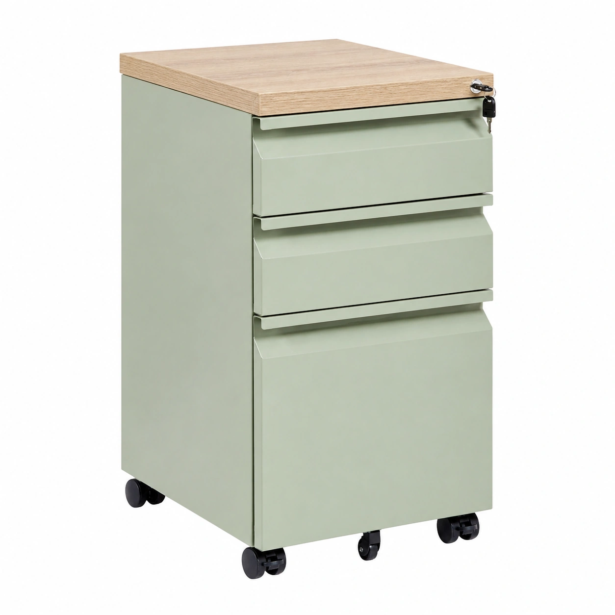 Cajonera de Oficina con Ruedas y Cerradura en Verde Oliva con Encimera Efecto Madera-nexarays