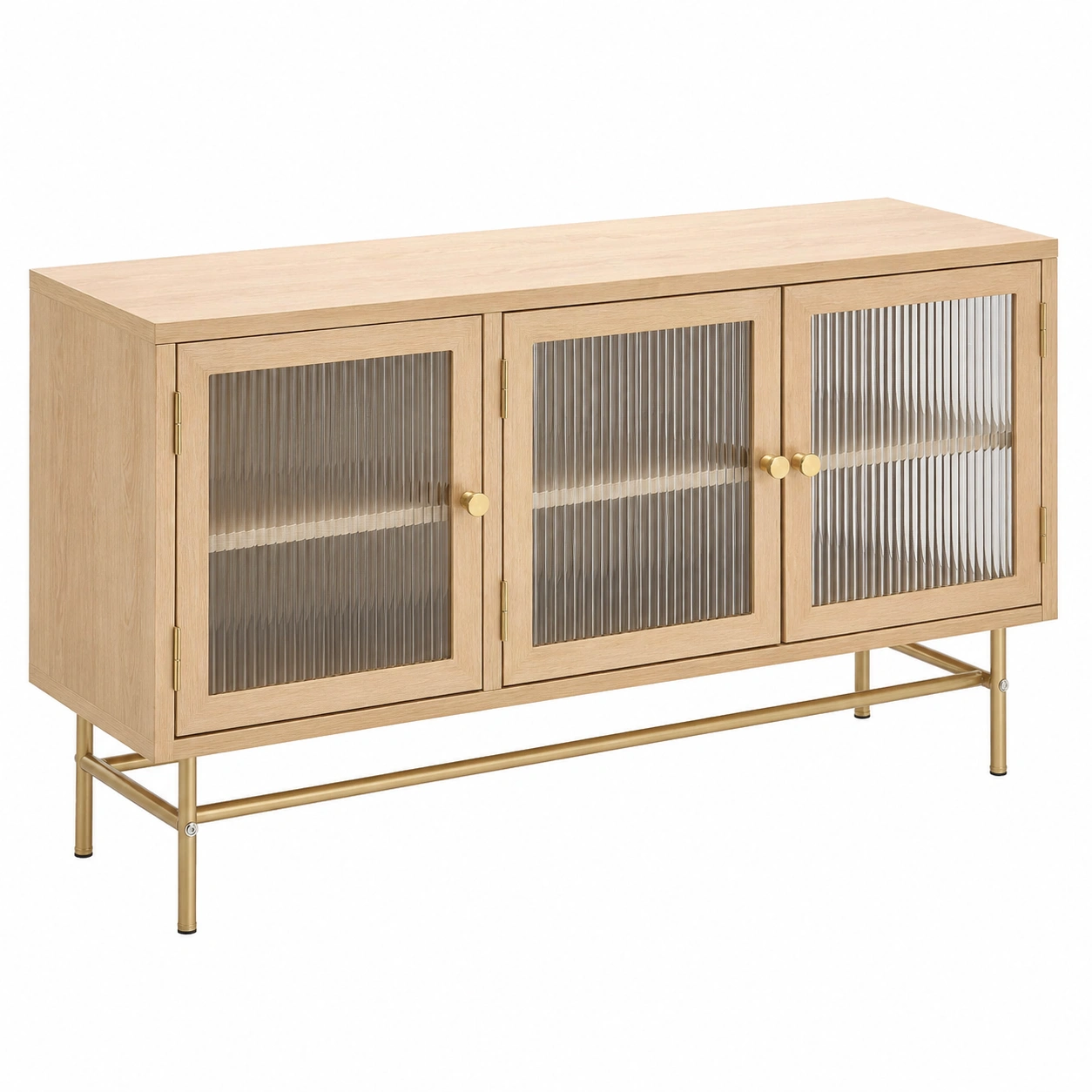 Aparador moderno de madera clara con puertas de cristal acanalado y estructura metálica dorada-nexarays