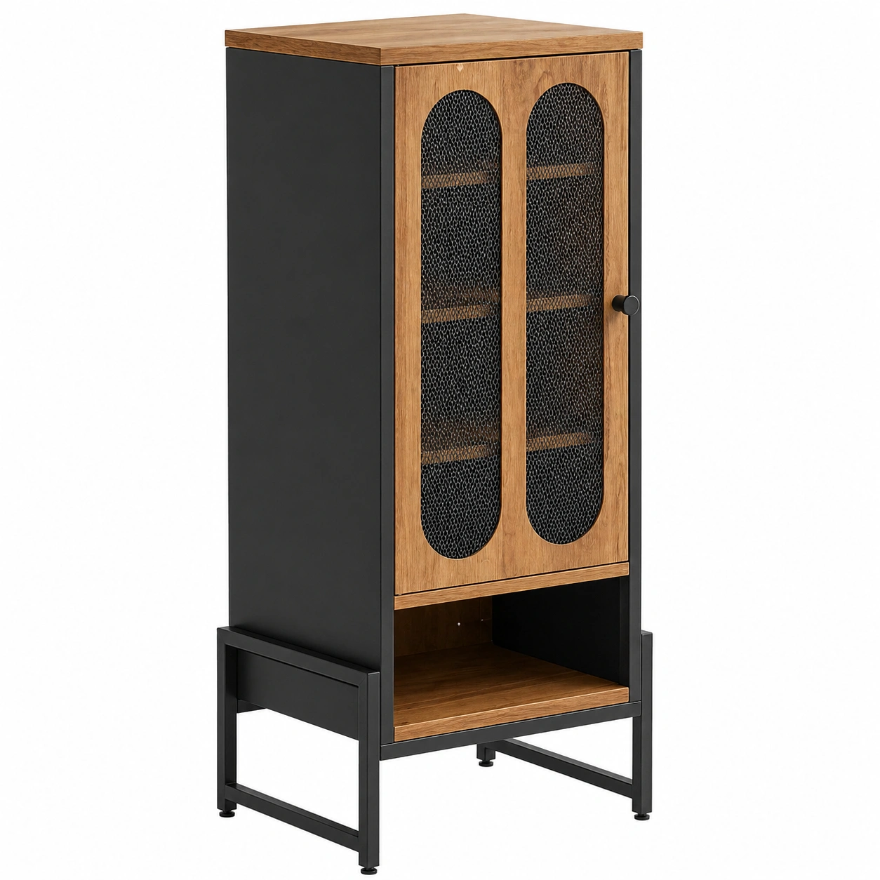 Aparador alto industrial con puerta metálica y panel de malla estilo madera-nexarays