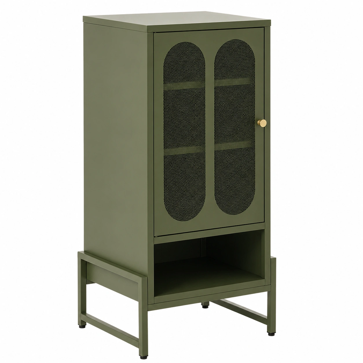 Aparador alto metálico moderno verde oliva con puerta perforada y estante abierto-nexarays