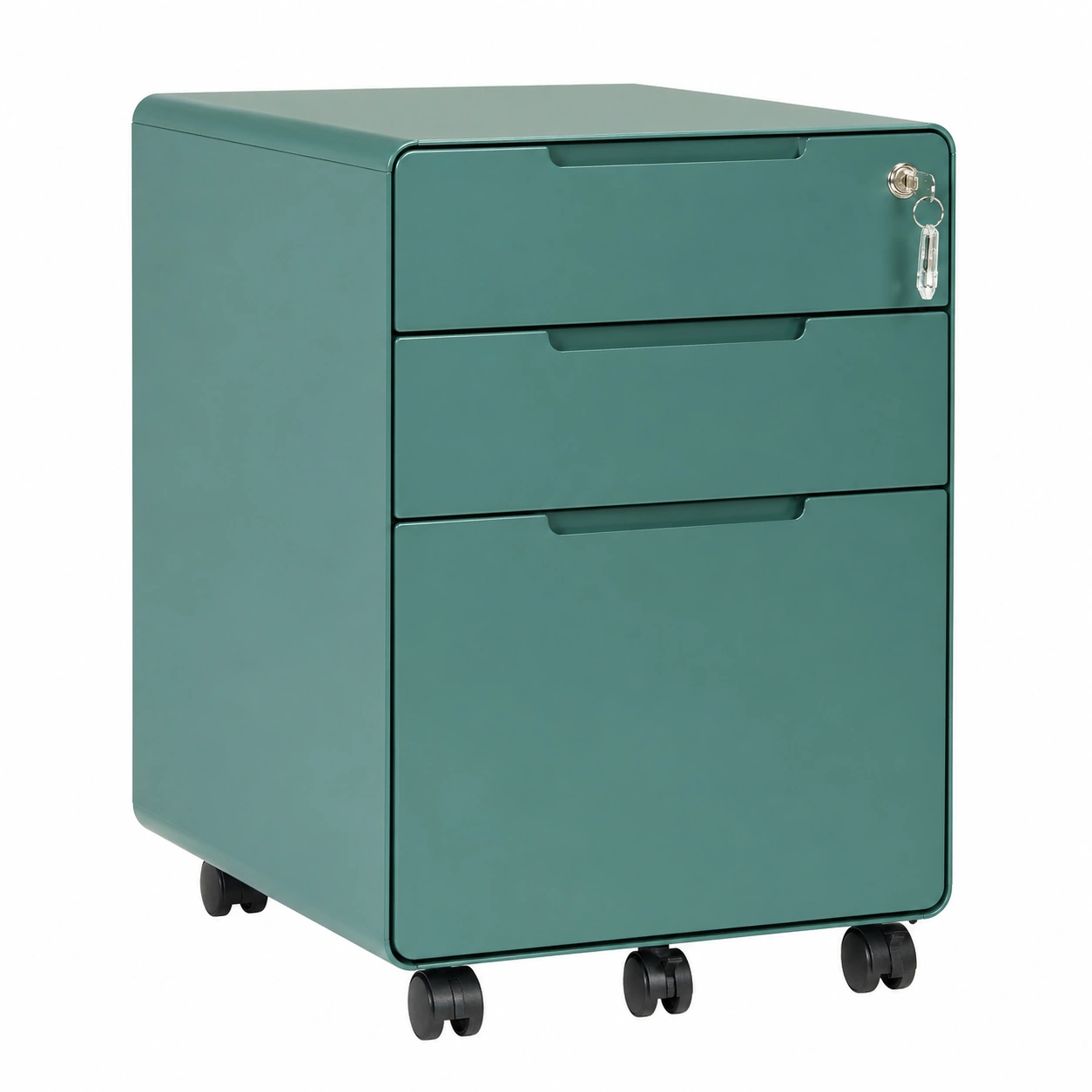 Cajonera metálica de oficina con ruedas verde mate de 3 cajones con cerradura-nexarays