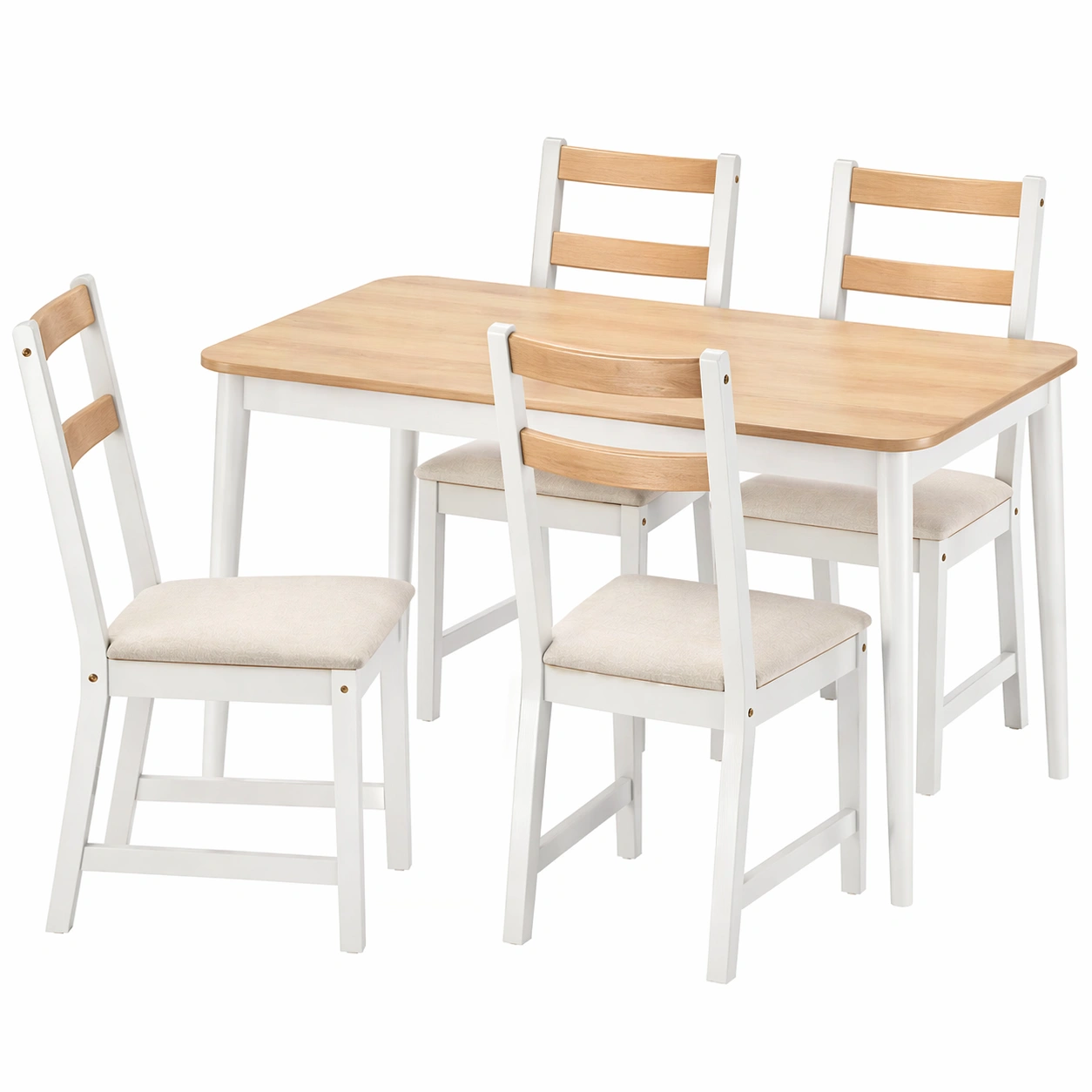 Conjunto de comedor moderno con mesa rectangular y 4 sillas en blanco y madera natural-nexarays