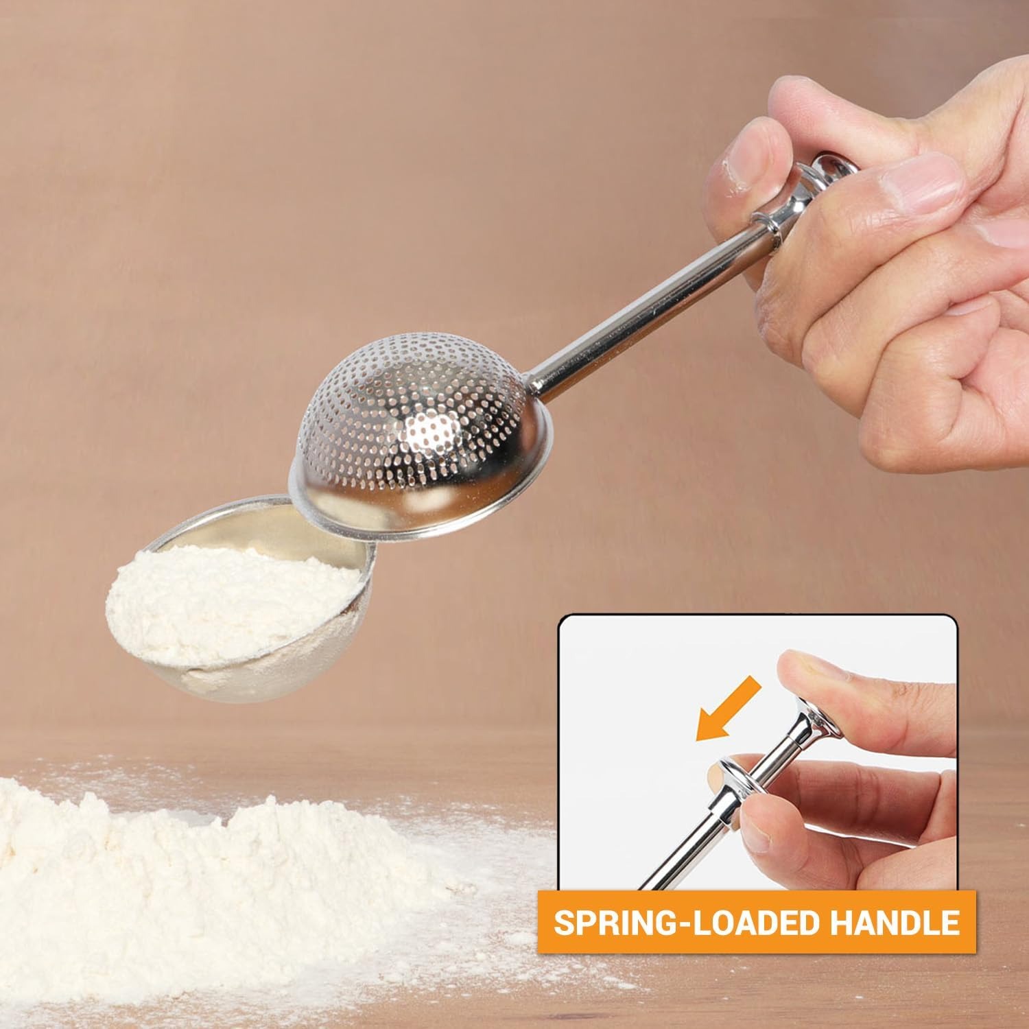 Stainless Steel Powdered Sugar Duster, Spring Handle Flour Sifter for Baking