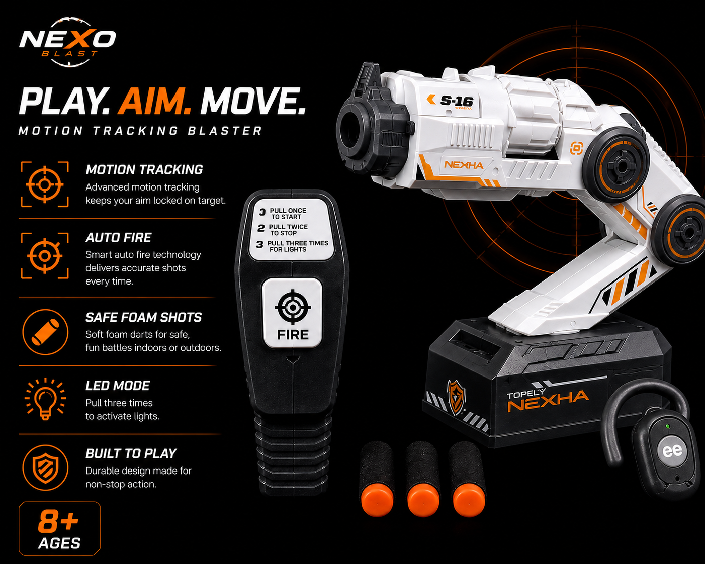 Nexo Blast Auto Aim Foam Dart Blaster, Motion Tracking Toy  with Remote