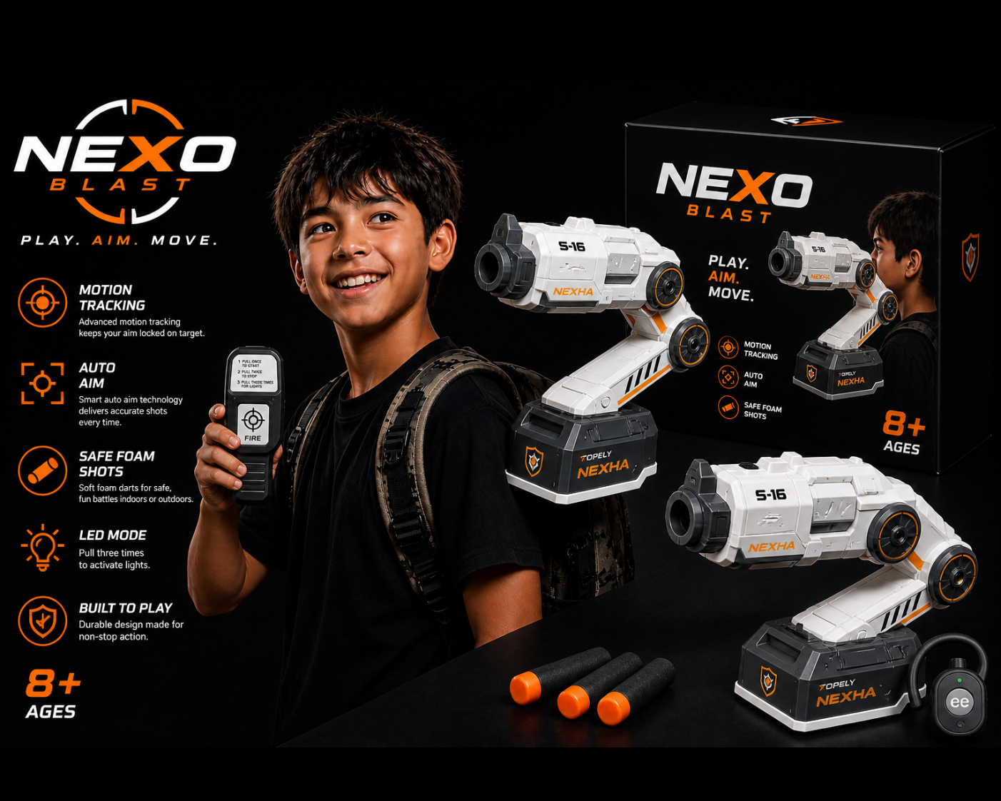 Nexo Blast Auto Aim Foam Dart Blaster, Motion Tracking Toy  with Remote