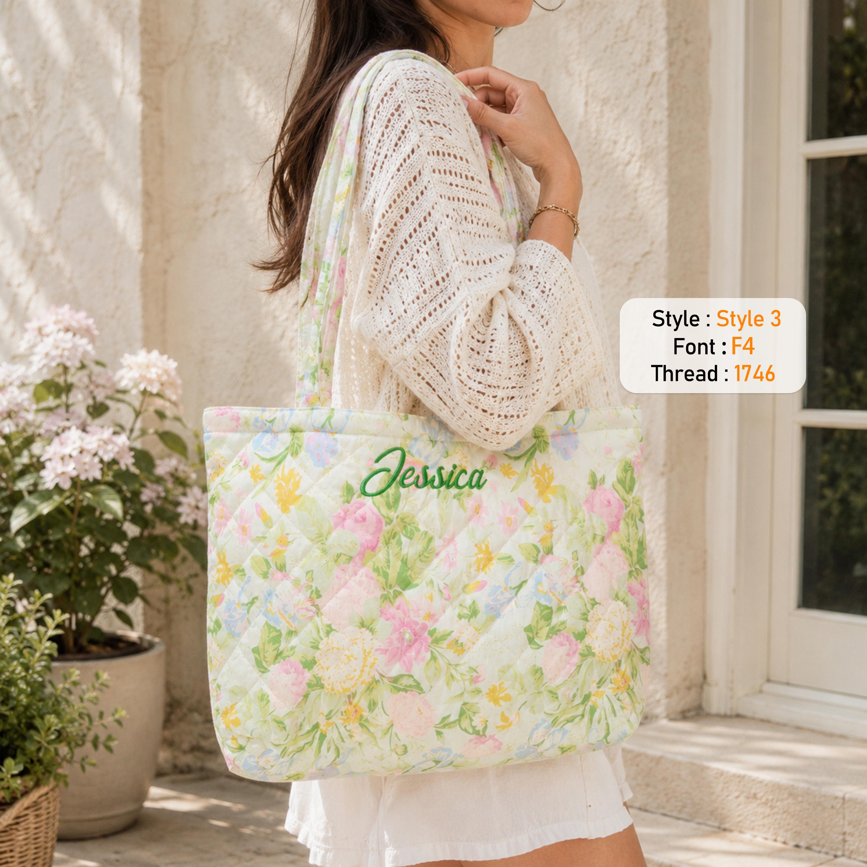 Personalized "Dream Garden" Series Quilted Tote Bag – Embroidered Name