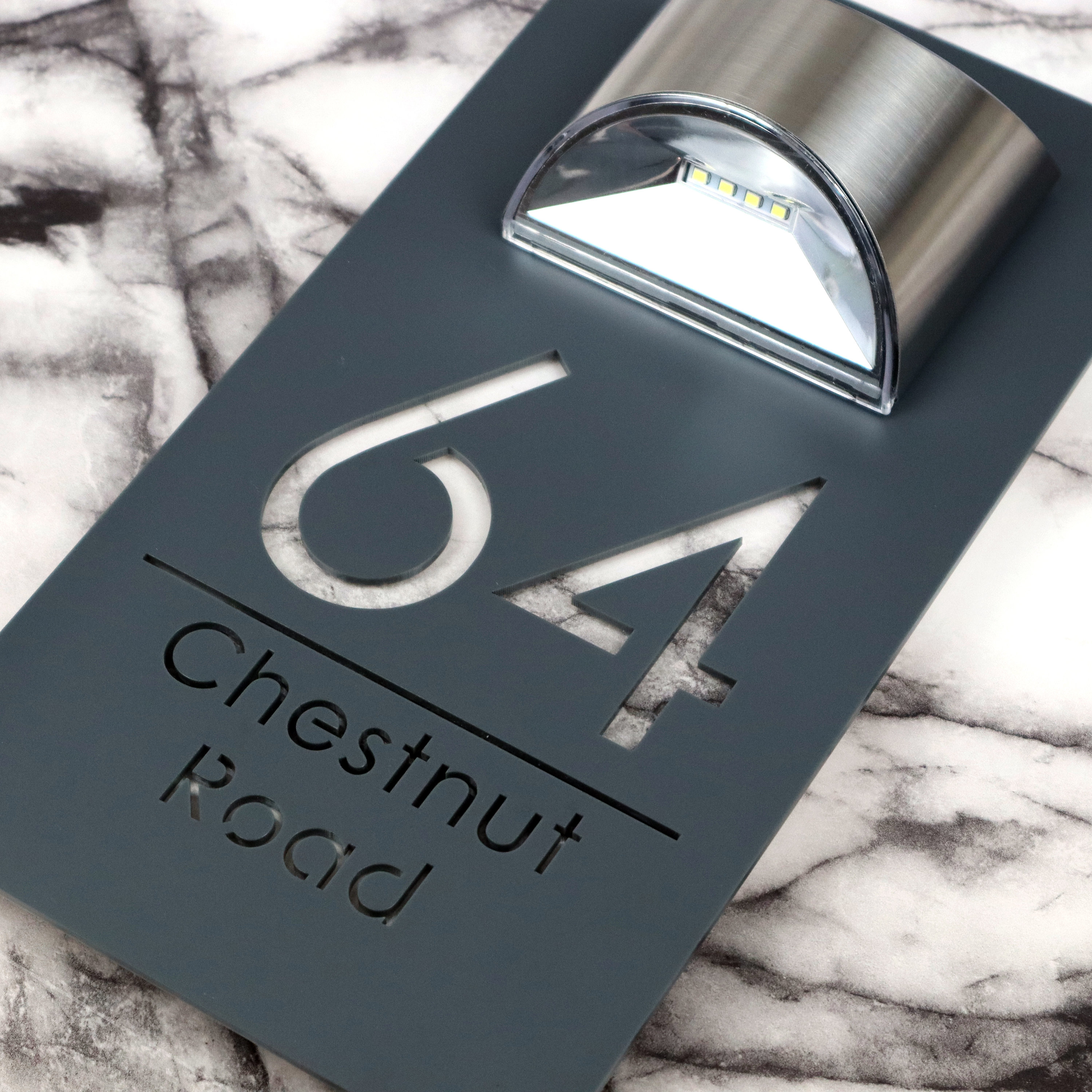 Modern Grey Mirror house sign with solar light laser acrylic Marble Property Number Door Signs Plaque LED Lit Numbers