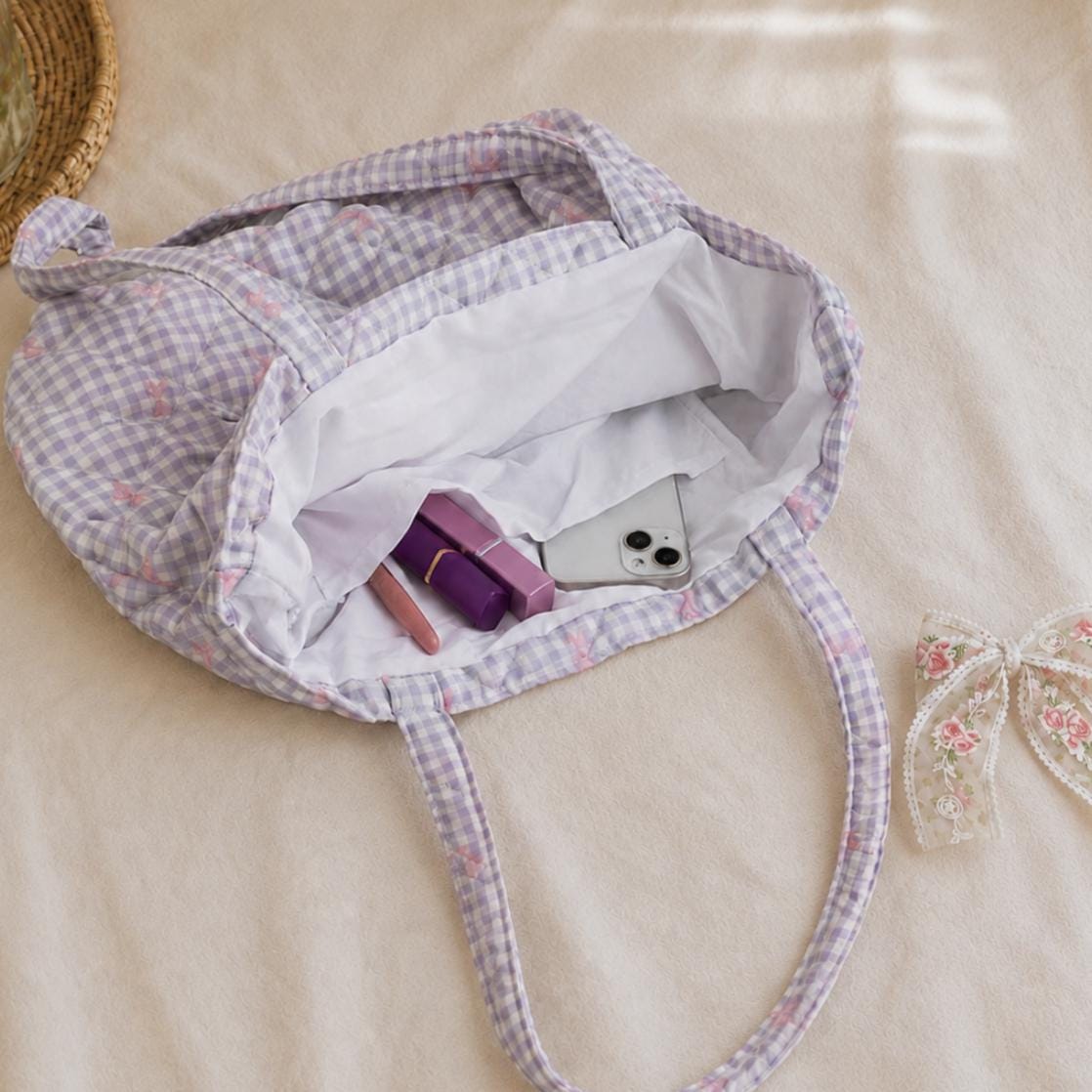 Personalized Quilted Gingham & Floral Tote Bag with Bow-Embroidered Name
