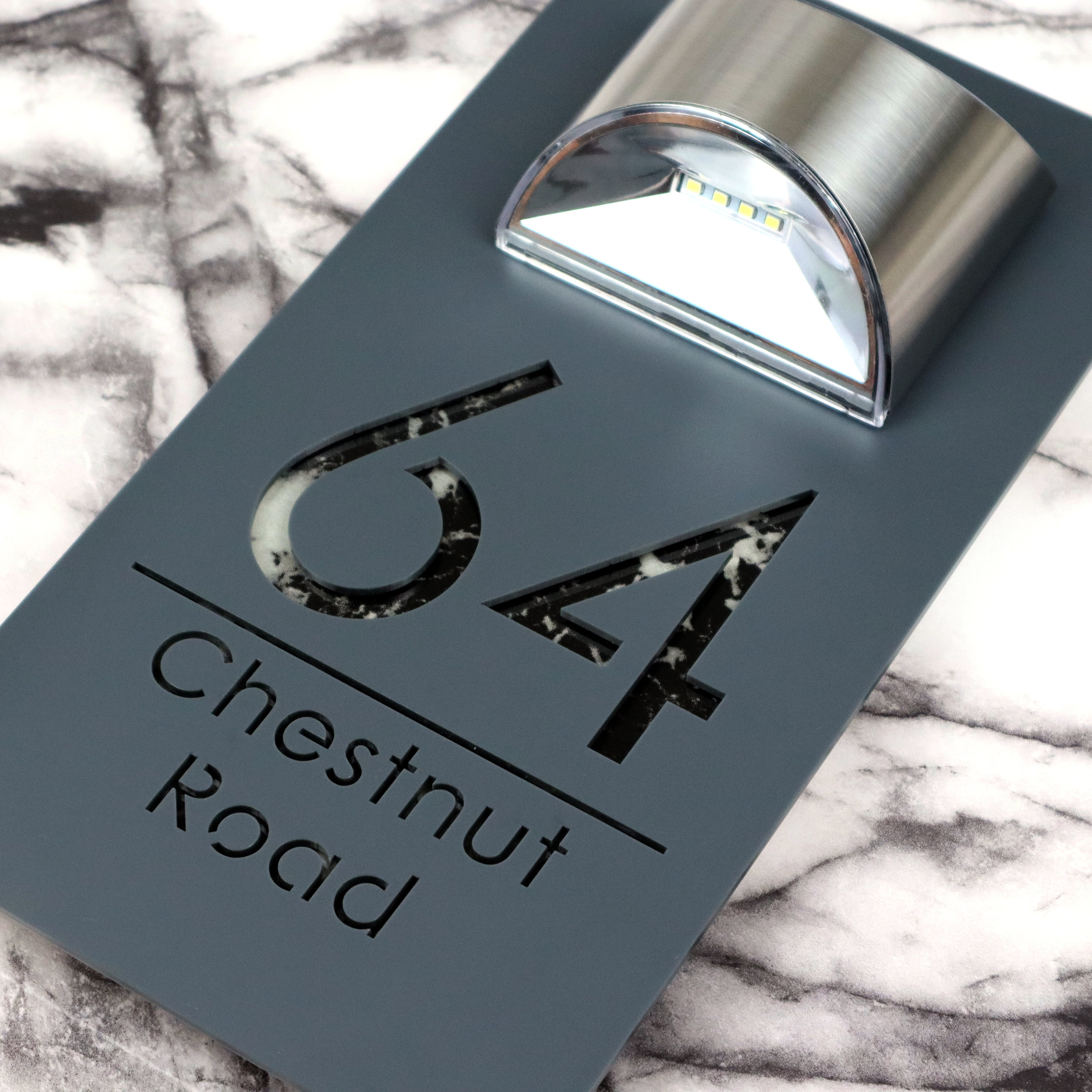 Modern Grey Mirror house sign with solar light laser acrylic Marble Property Number Door Signs Plaque LED Lit Numbers