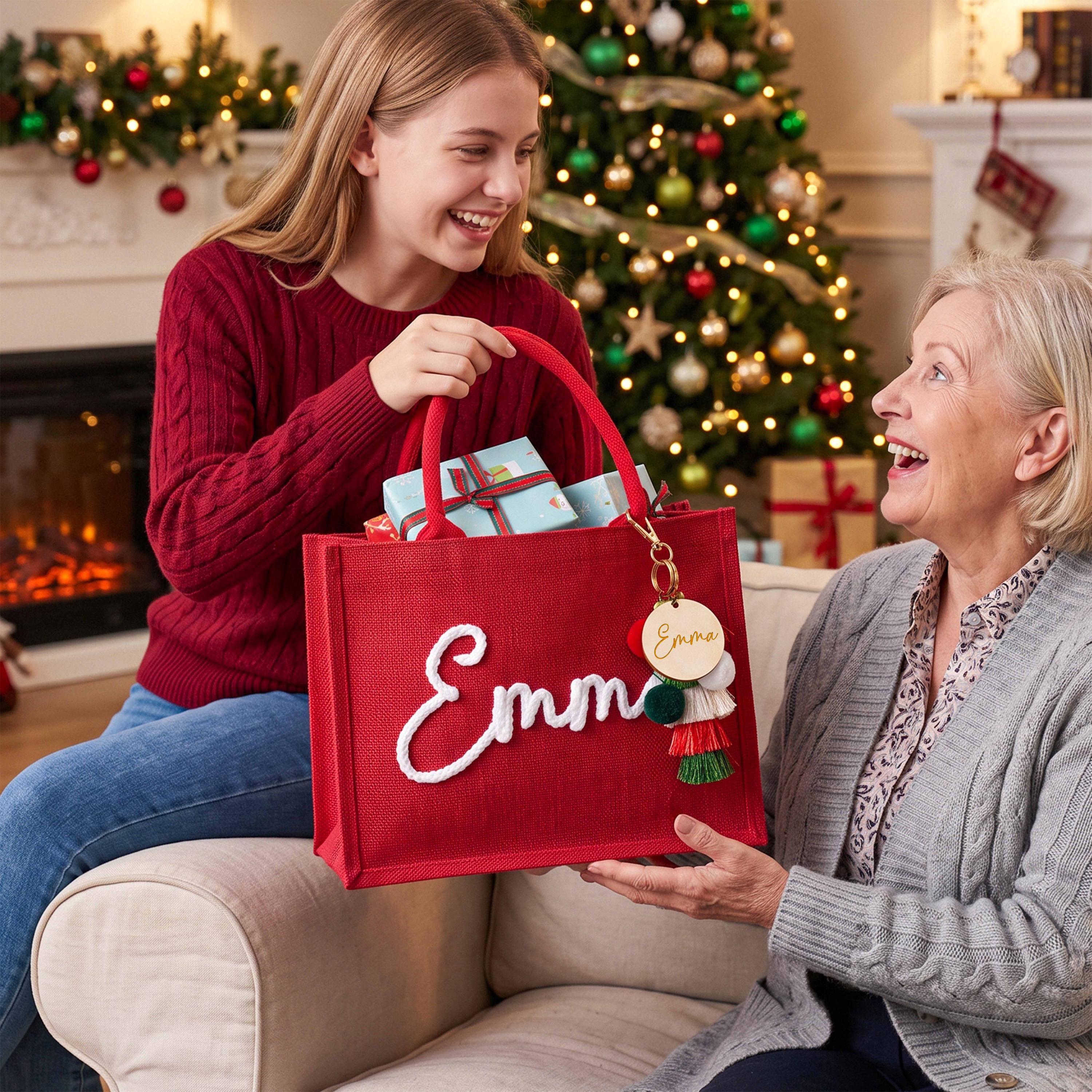 Personalized Christmas Burlap Tote Bag – Yarn-Stitched Name