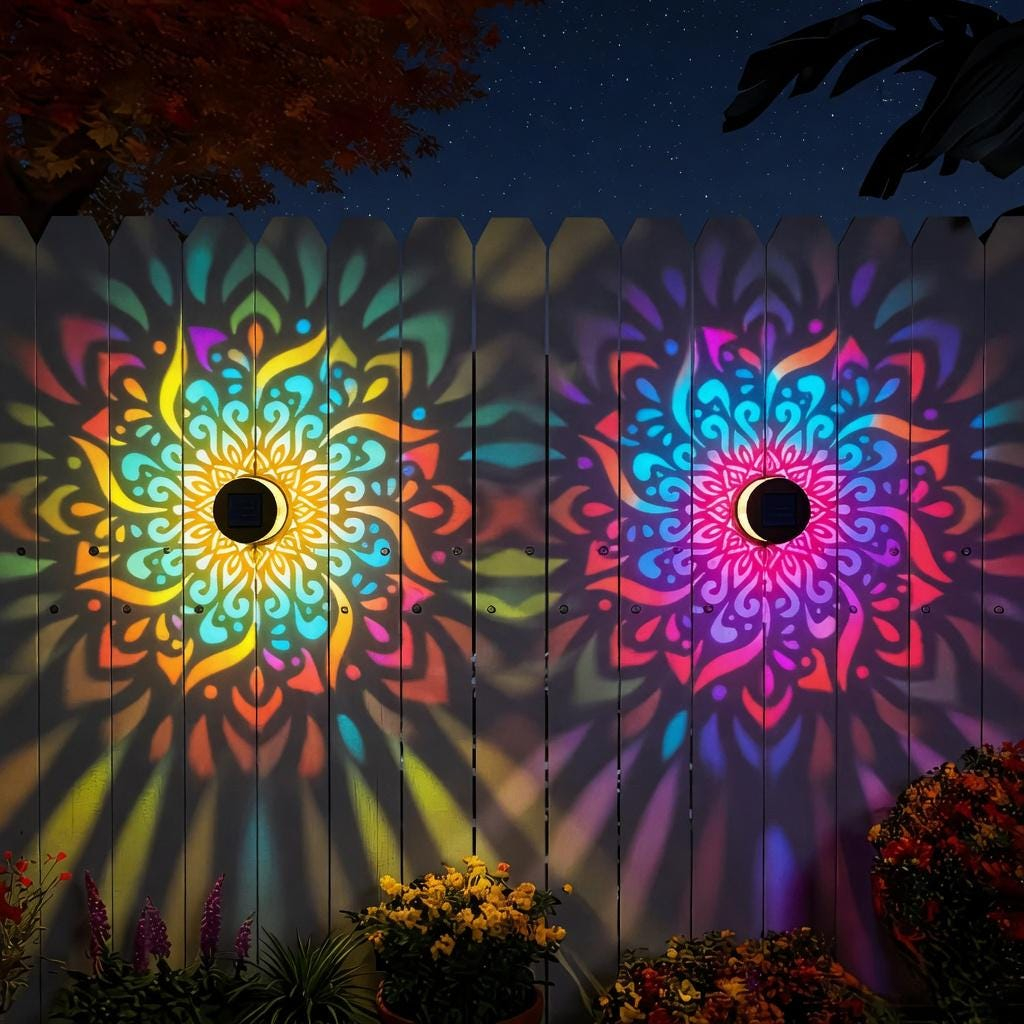Solar Mandala Wall Light Outdoor Garden Fence Projector Lamp Patio Ambient Decor