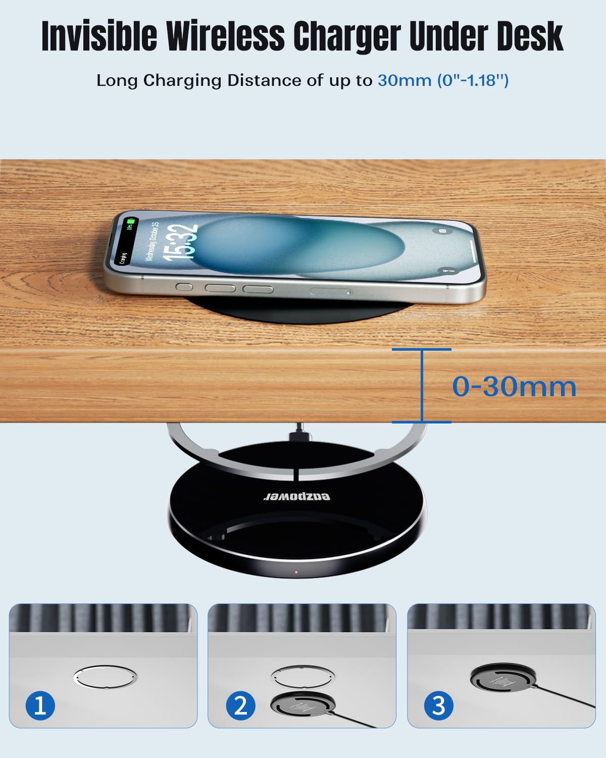 Under Desk Wireless Charger, Invisible Built-in 15W Fast Wireless Charging Pad