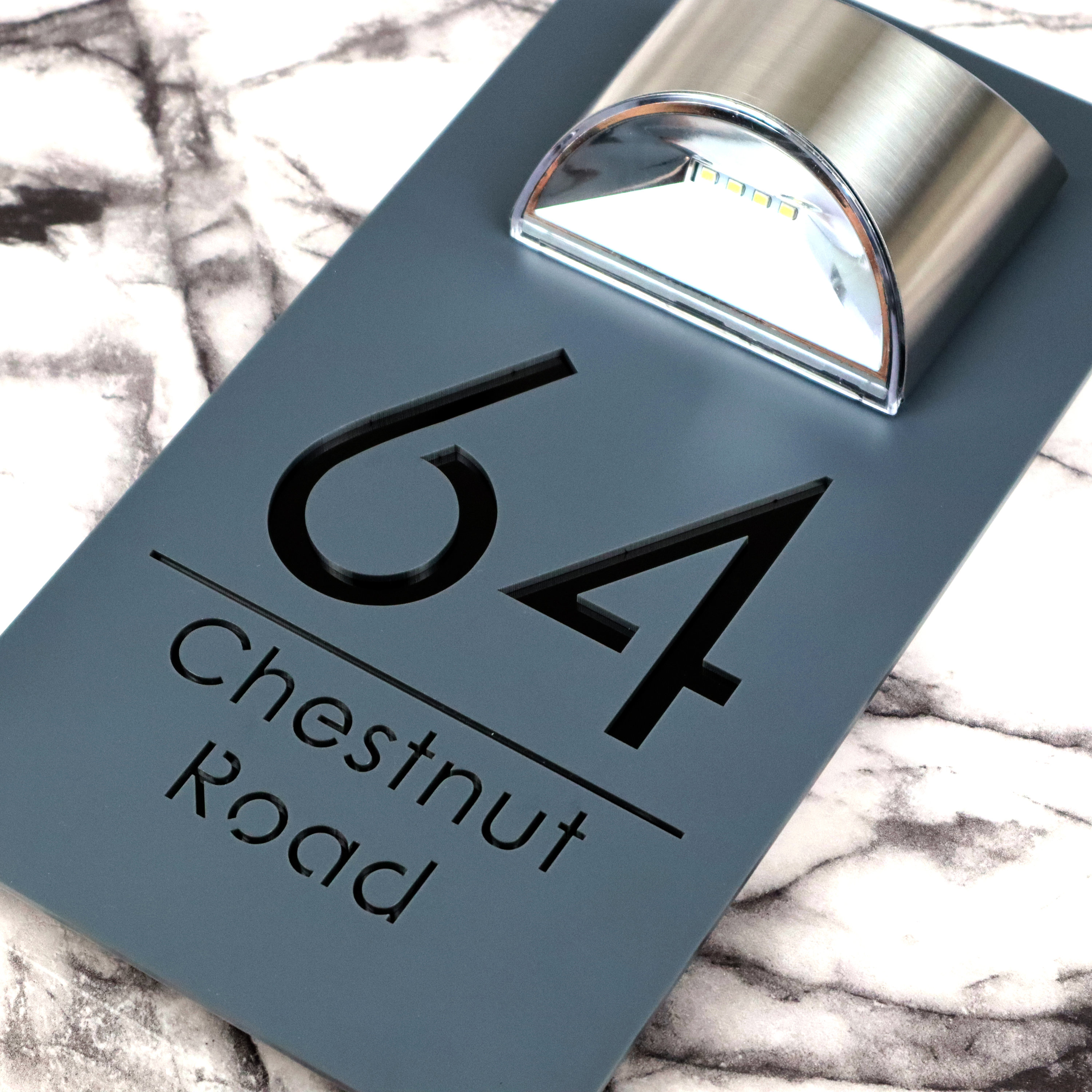 Modern Grey Mirror house sign with solar light laser acrylic Marble Property Number Door Signs Plaque LED Lit Numbers
