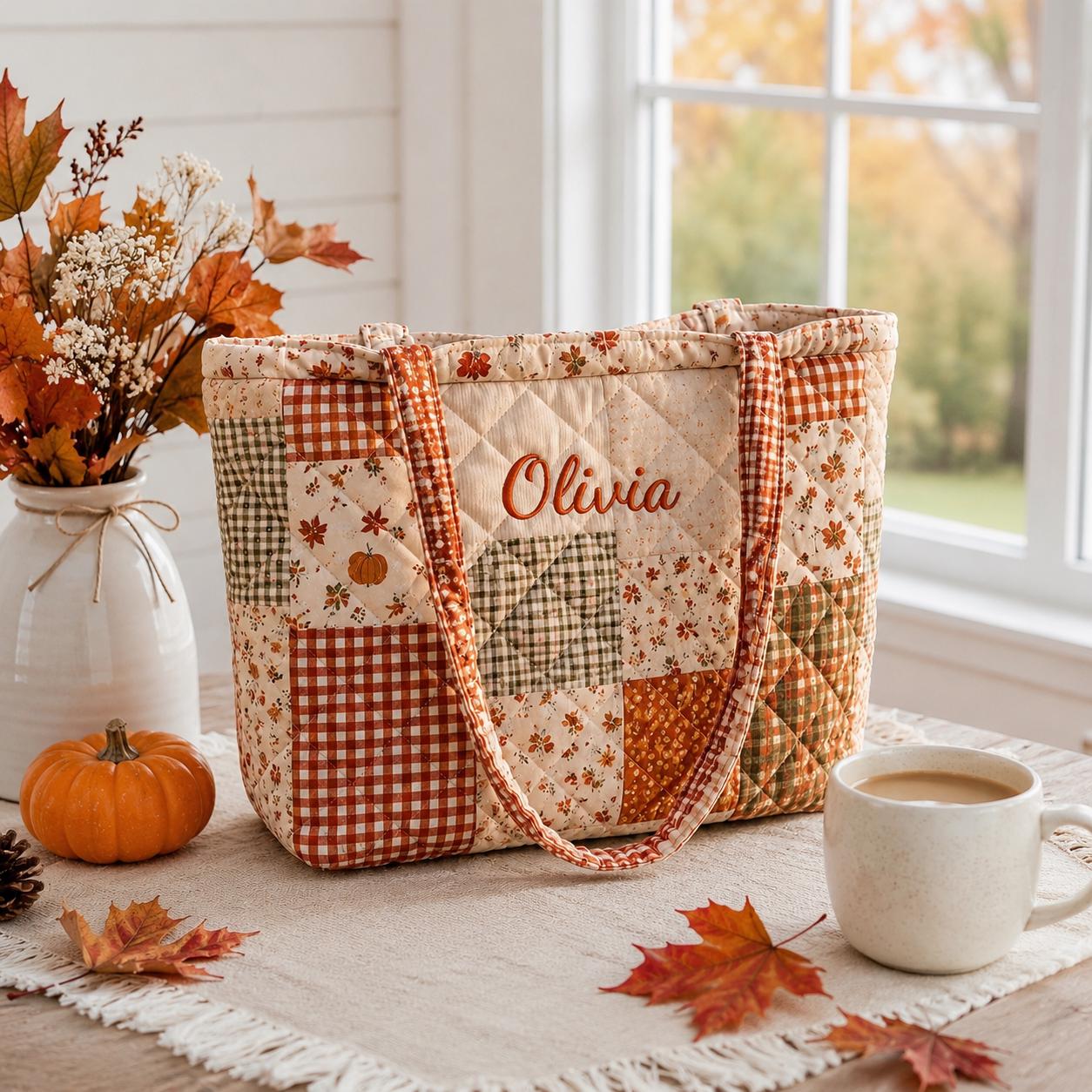 Personalized Fall Quilted Tote Bag-Embroidered Name