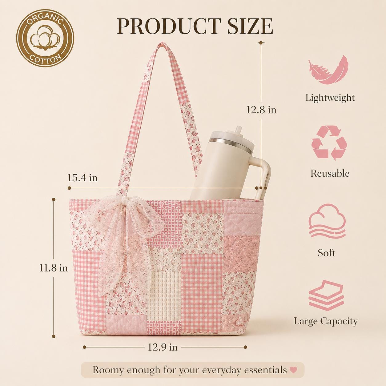 Personalized Quilted Floral Tote Bag with Ribbon Bow – Embroidered Name 