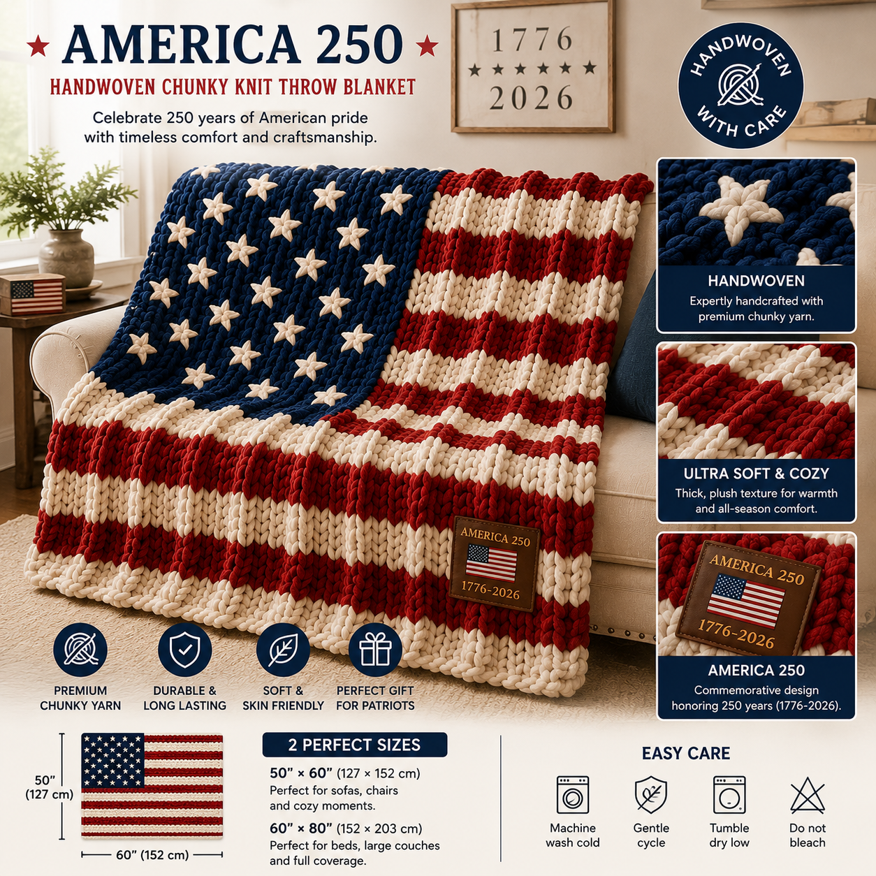 Handwoven Patriotic Throw 250 Plush Flag Blanket-Chunky Knit