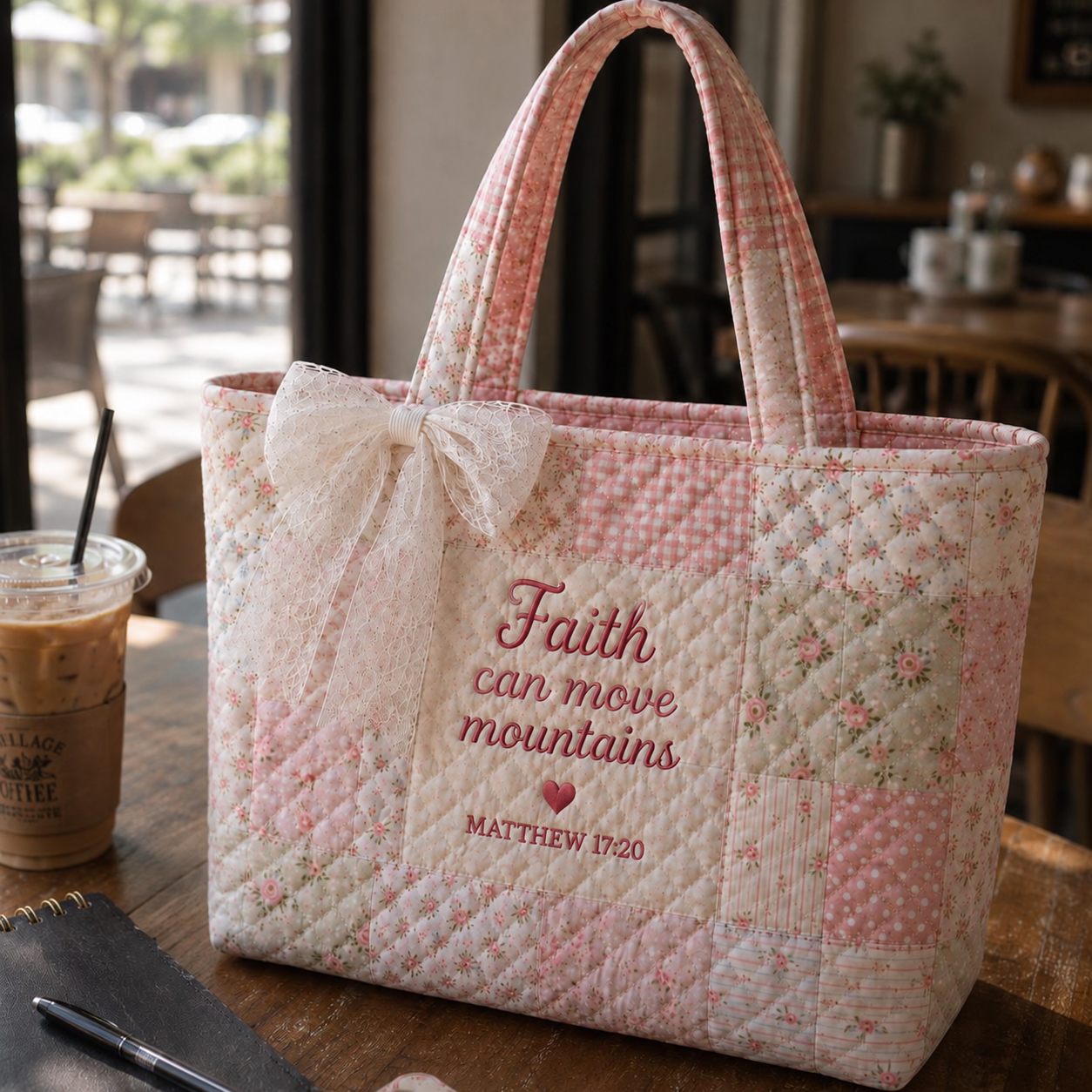 Personalized Quilted Floral Tote Bag with Ribbon Bow – Embroidered Name 