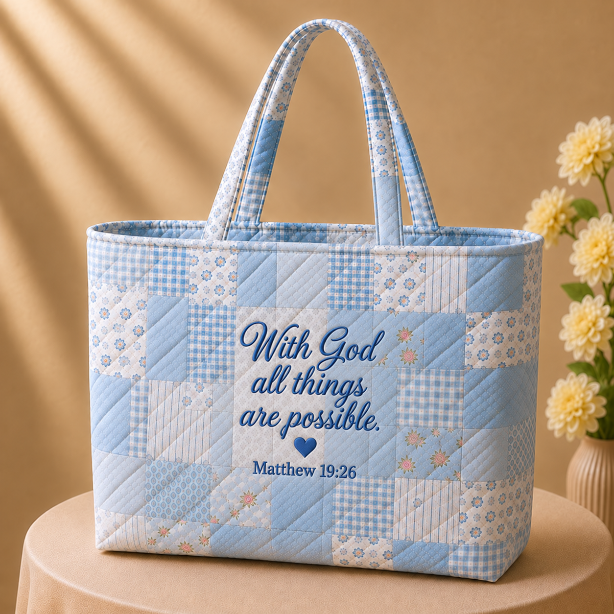 Personalized Quilted Floral Tote Bag with Ribbon Bow – Embroidered Name 
