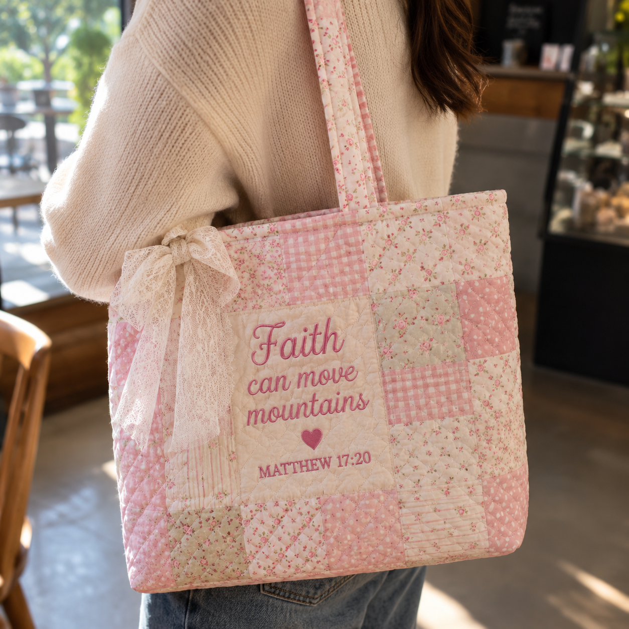 Personalized Quilted Floral Tote Bag with Ribbon Bow – Embroidered Name 