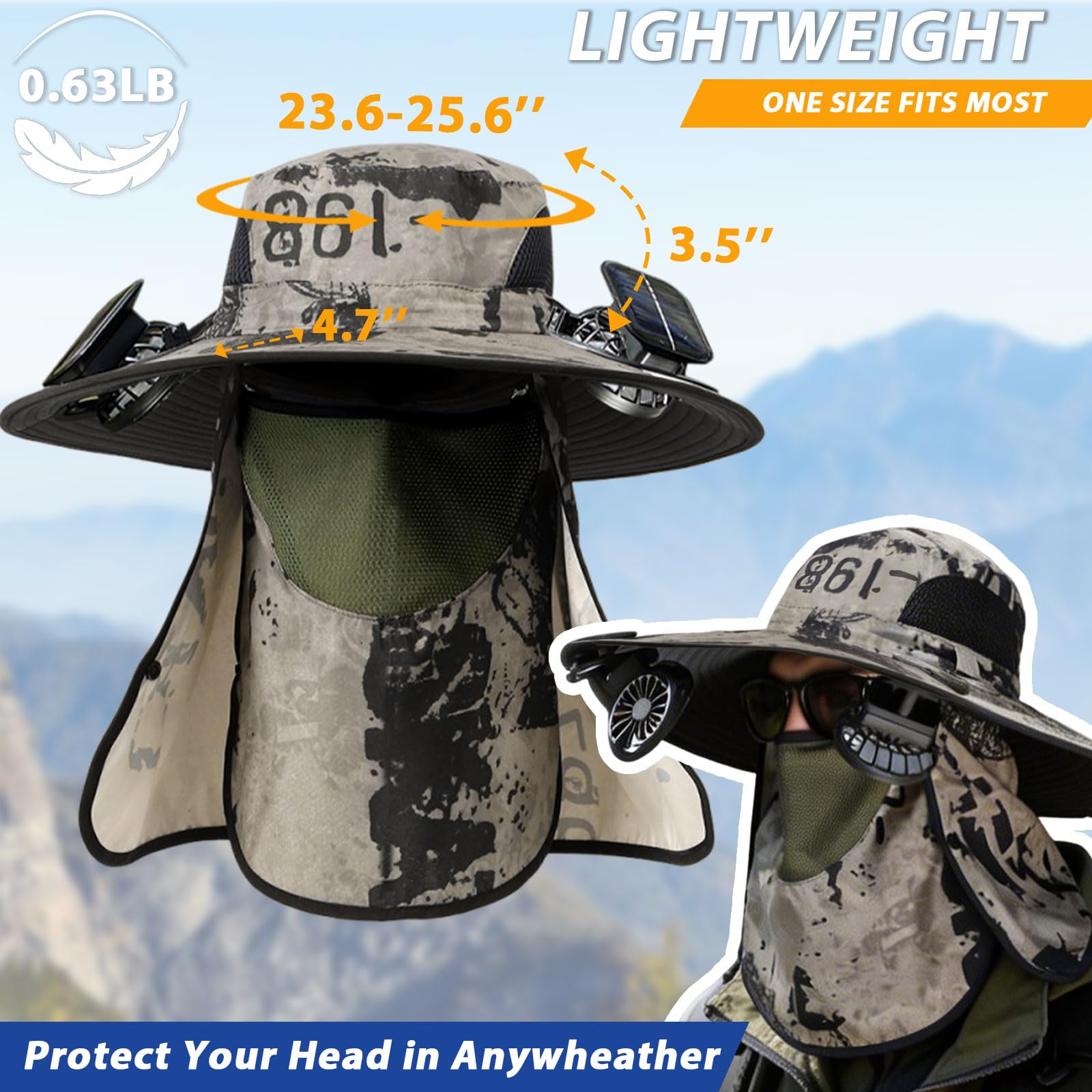 Solar Powered Hat Fan, 3-in-1 Detachable Neck Fan Hat