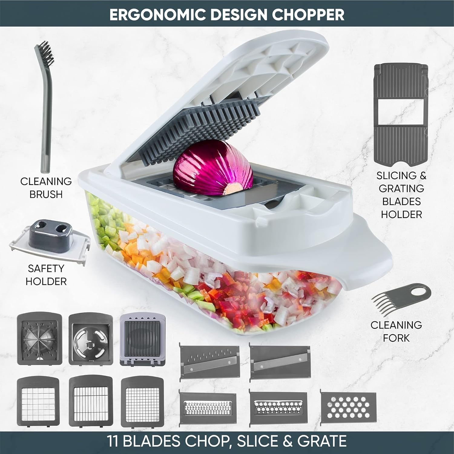 Vegetable Chopper Slicer Onion Dicer, Multi 22-in-1 Veggie Mandoline Food Cutter for Tomato Fruit with Lemon Squeezer,11 Blades, Egg Separator & Slicer