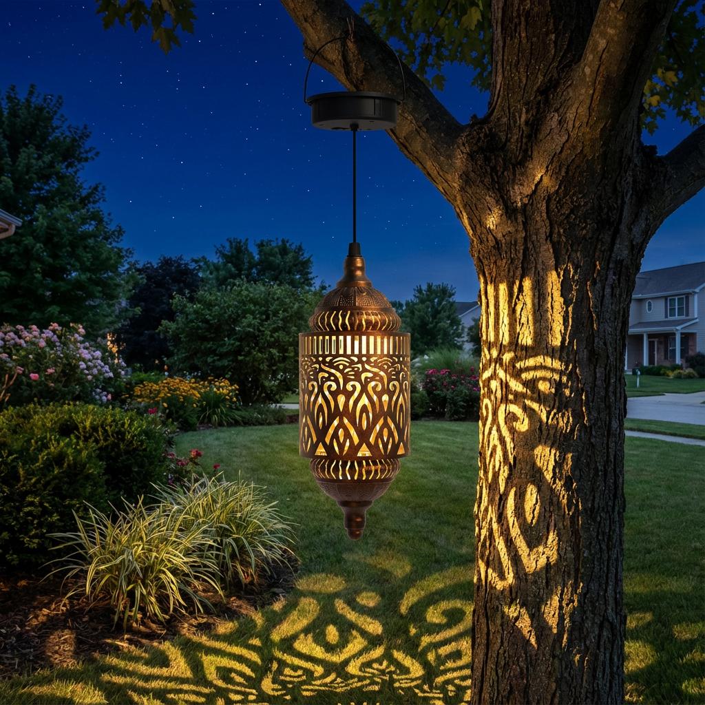 Hanging Solar Lantern for Outdoor Garden Decoration, Moroccan Style Blue Waterproof Plastic Solar Light