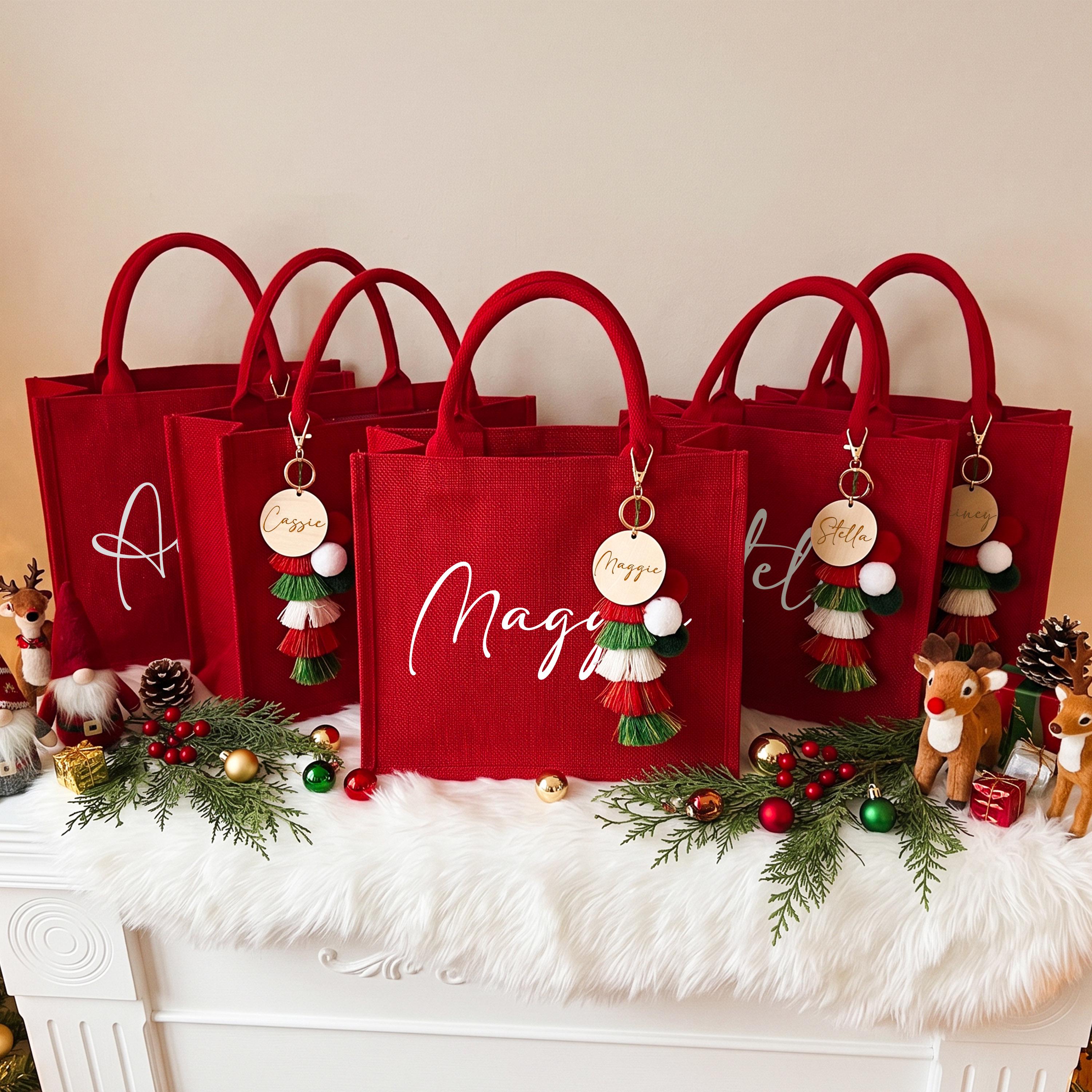 Personalized Christmas Burlap Tote Bag& Charm-Printed Name