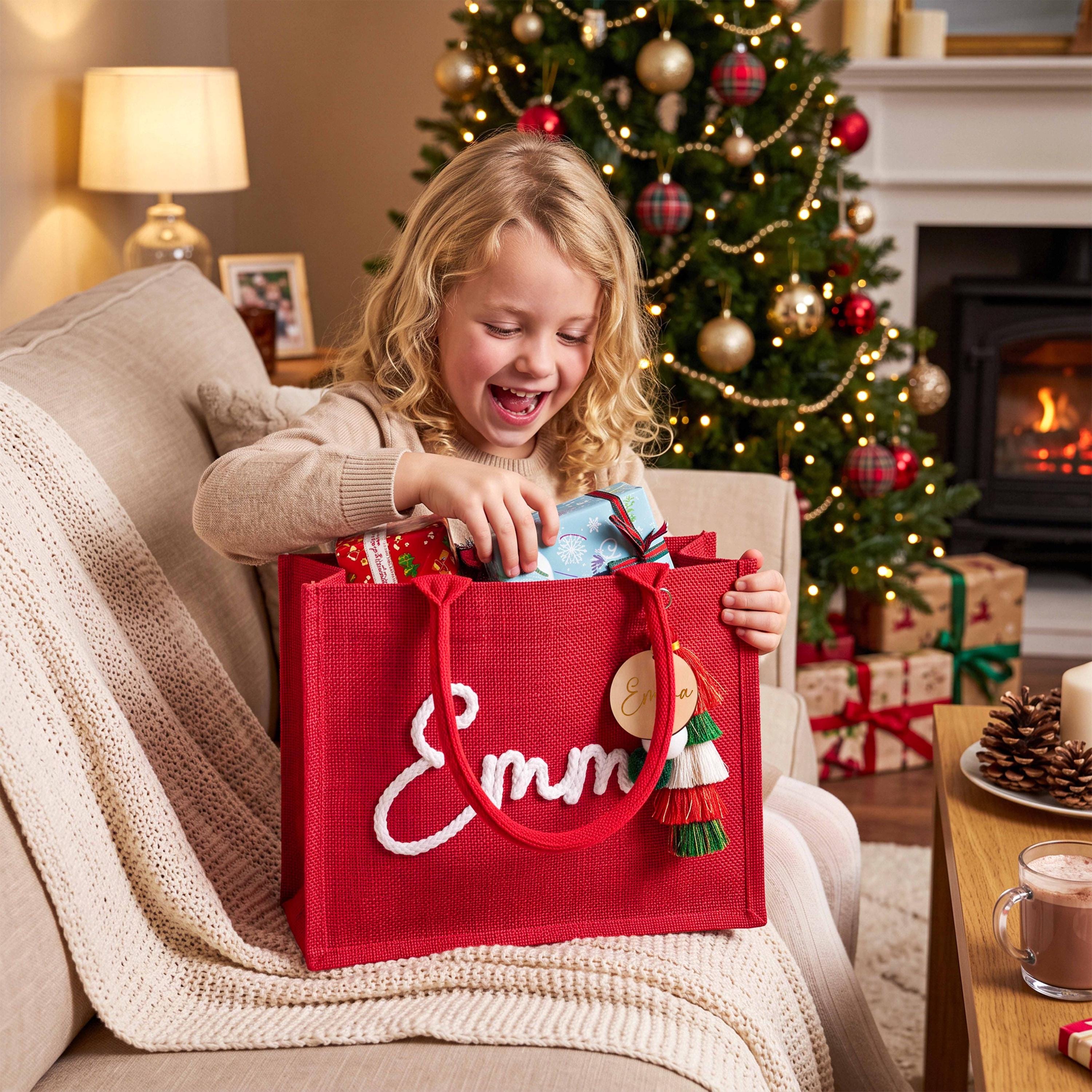 Personalized Christmas Burlap Tote Bag – Yarn-Stitched Name