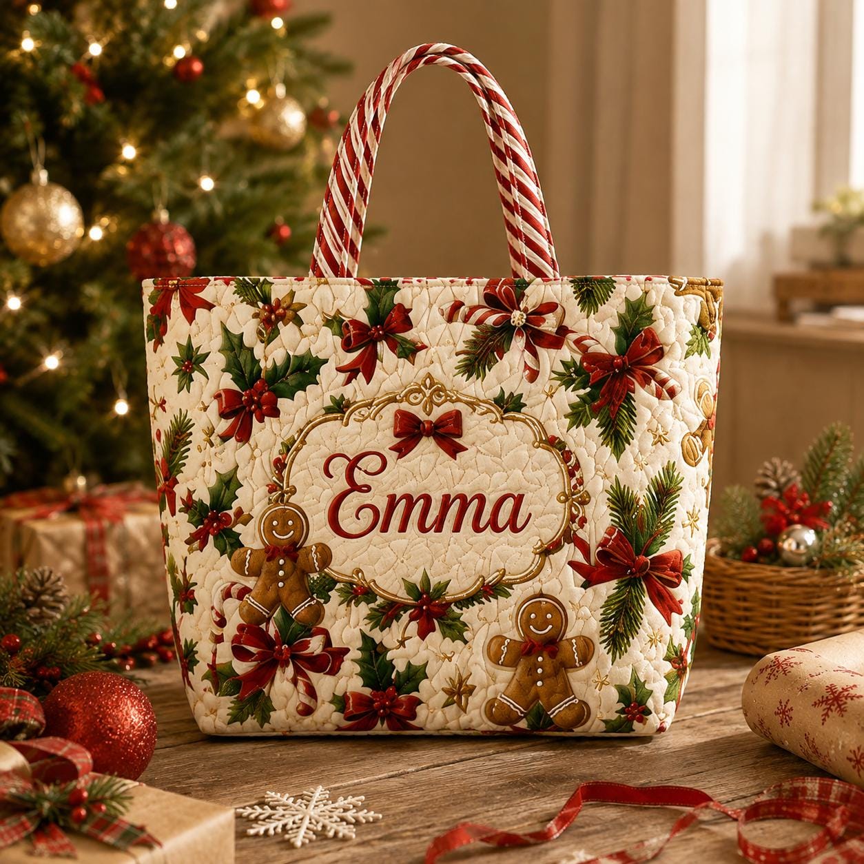 Personalized Designer Quilted Christmas Tote– Embroidered Name