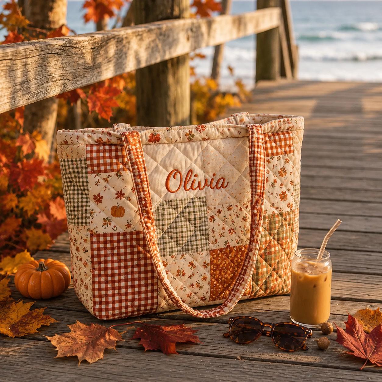 Personalized Fall Quilted Tote Bag-Embroidered Name