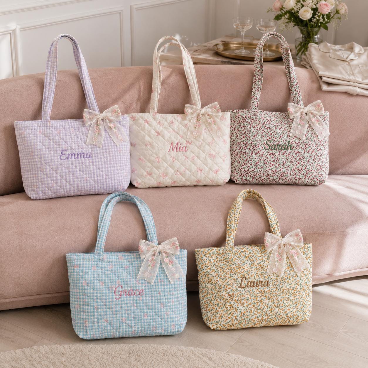 Personalized Quilted Gingham & Floral Tote Bag with Bow-Embroidered Name