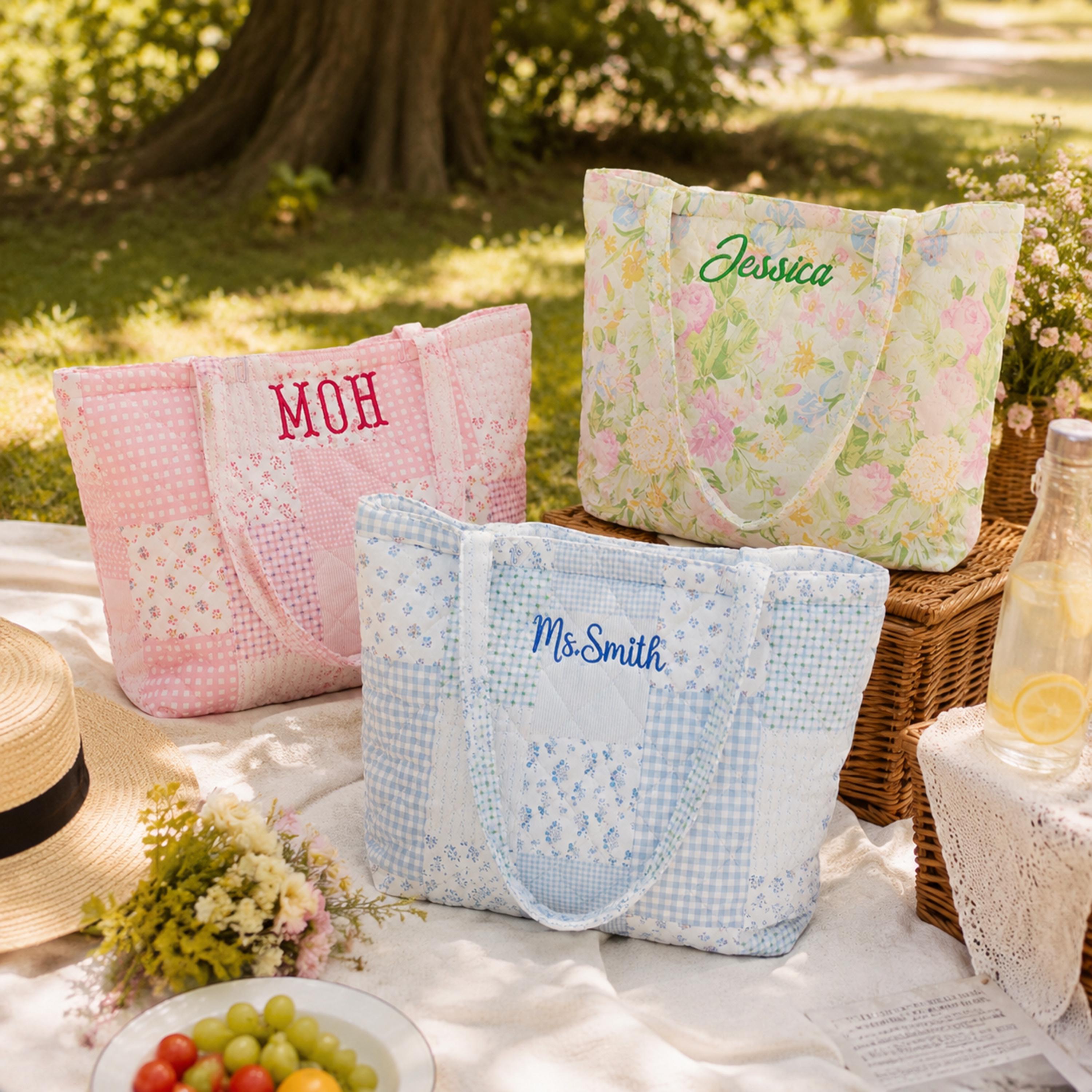 Personalized "Dream Garden" Series Quilted Tote Bag – Embroidered Name
