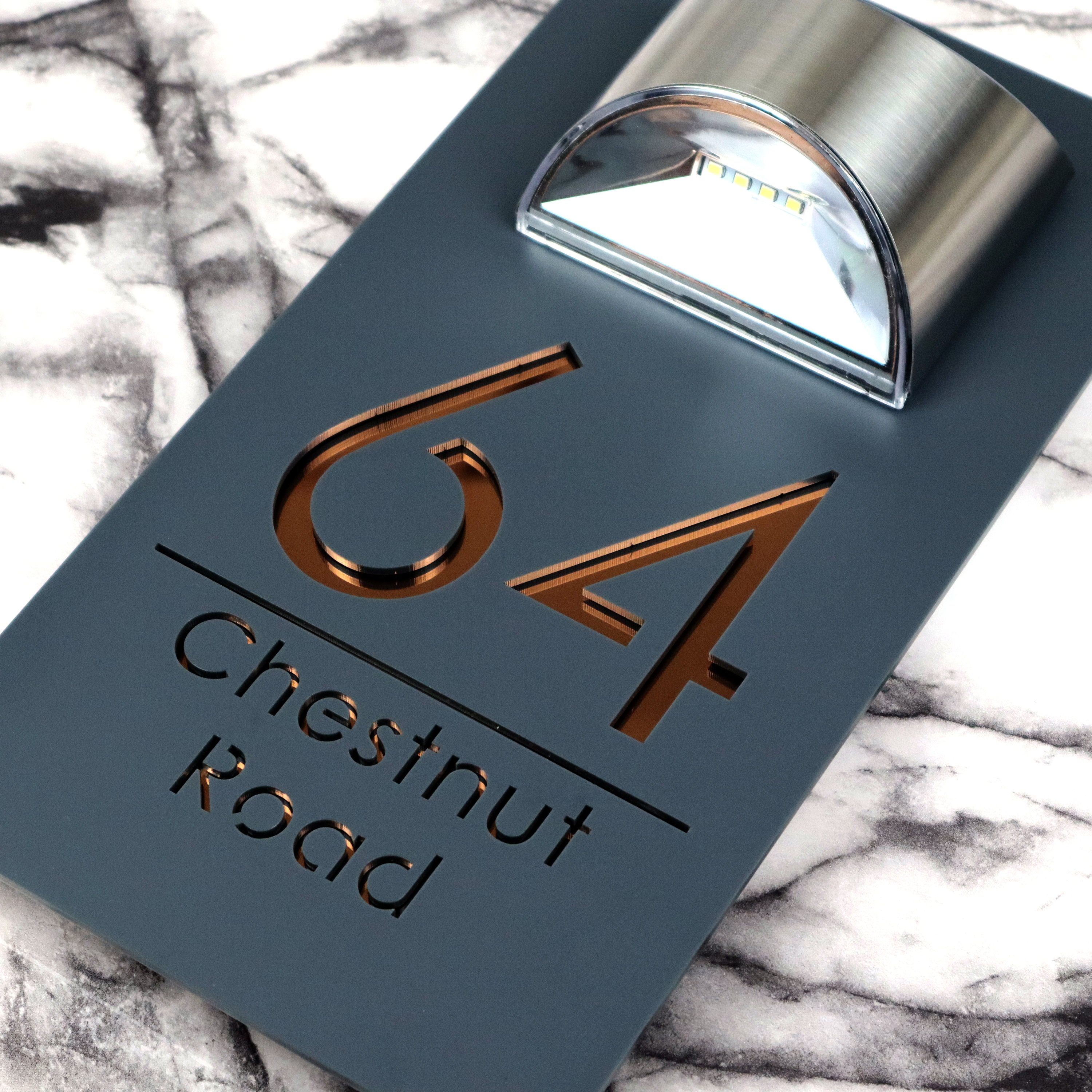 Modern Grey Mirror house sign with solar light laser acrylic Marble Property Number Door Signs Plaque LED Lit Numbers