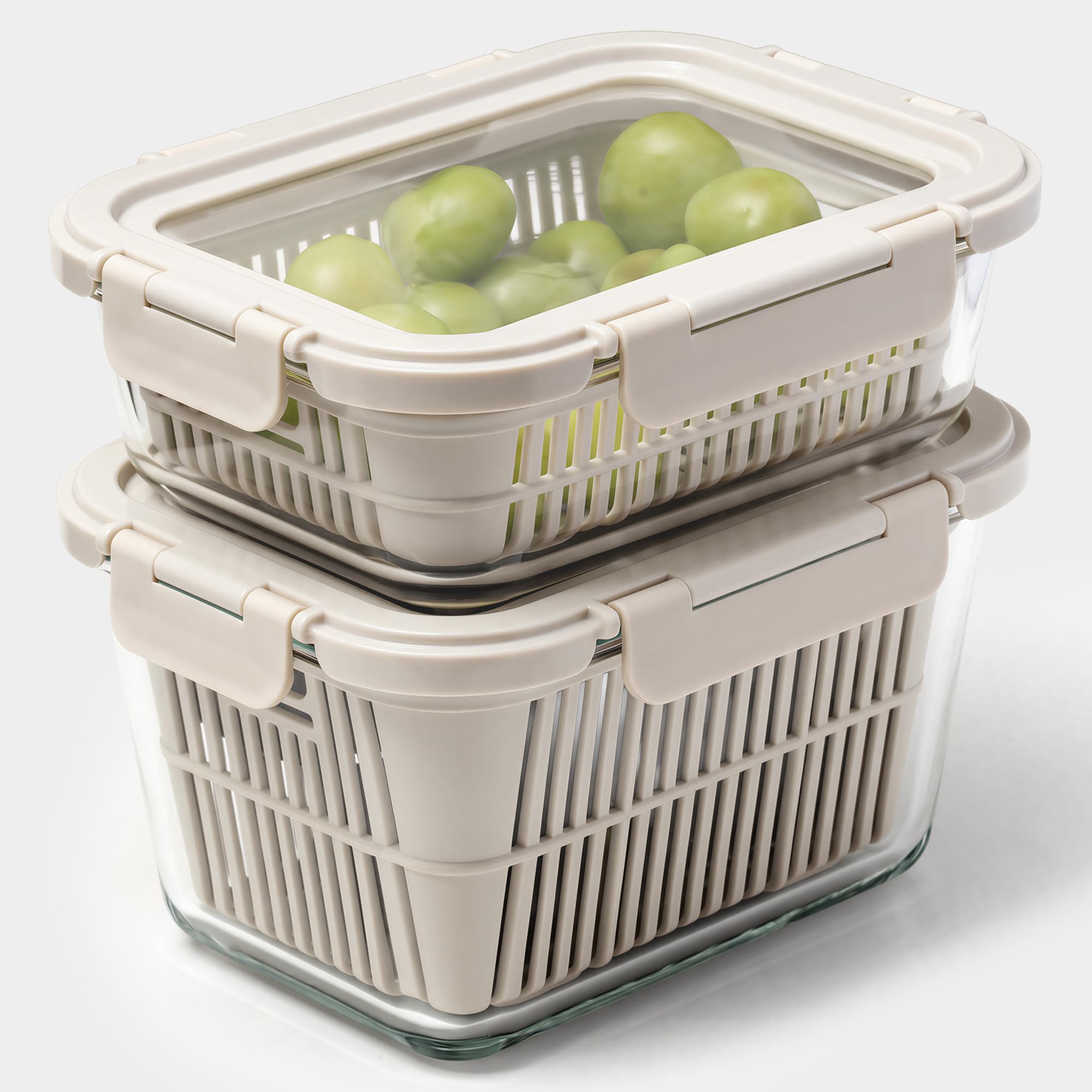 Airtight Fruit & Vegetable Containers with Removable Colanders, Flexible Silicone Lids,LeakProof, BPA-Free Borosilicate Glass