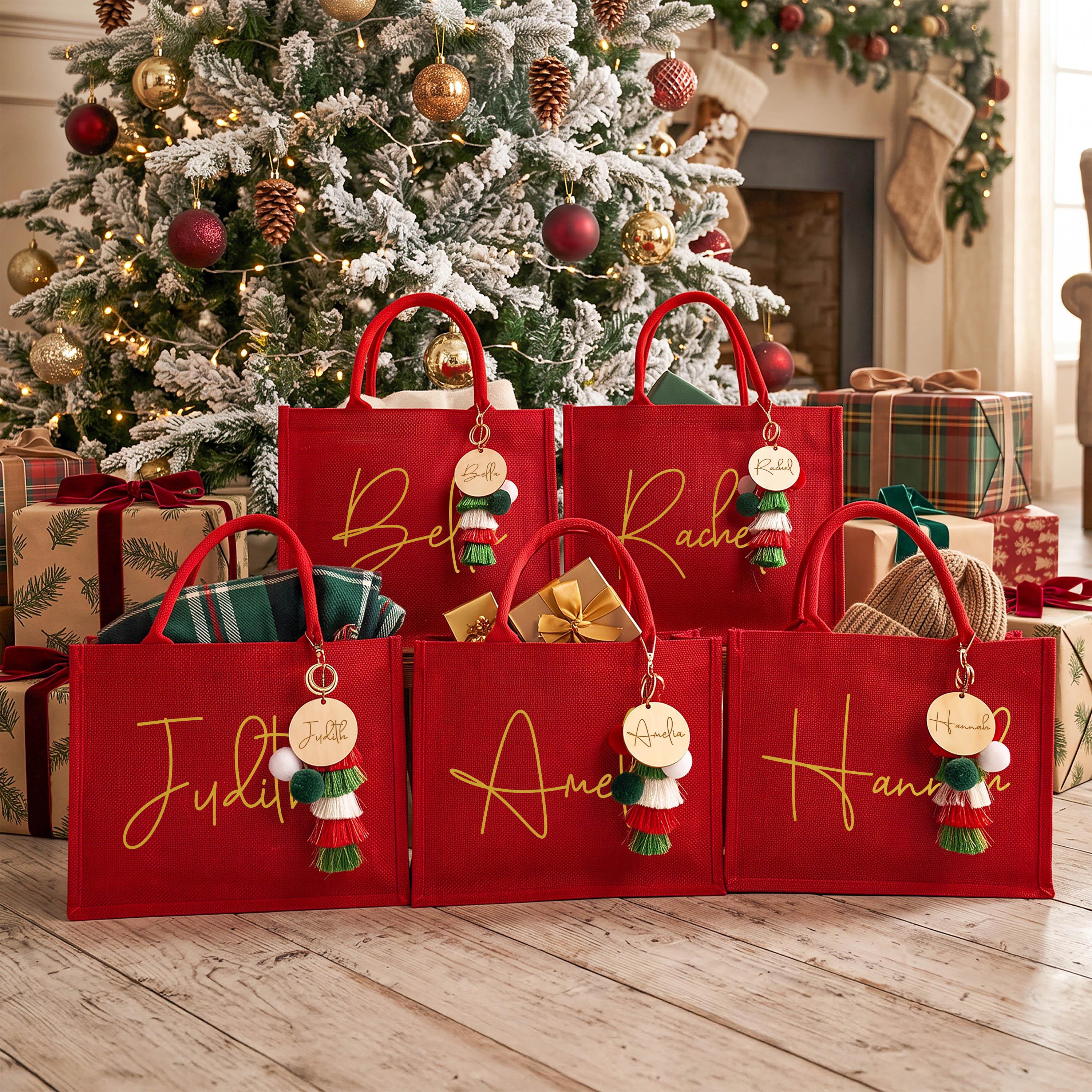 Personalized Christmas Burlap Tote Bag& Charm-Printed Name