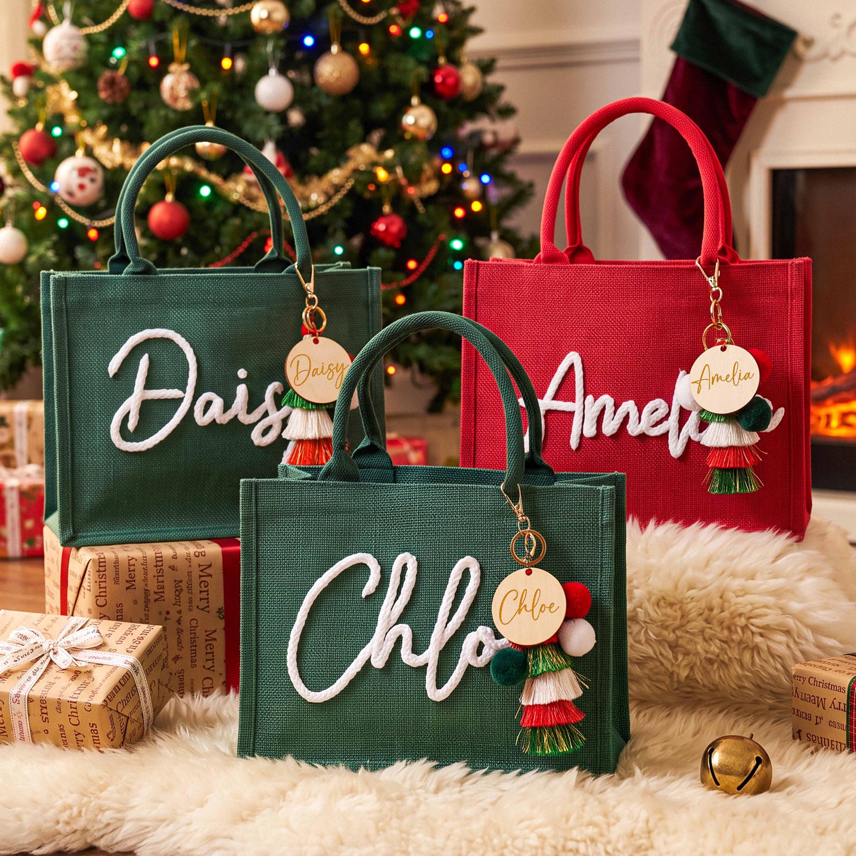 Personalized Christmas Burlap Tote Bag – Yarn-Stitched Name