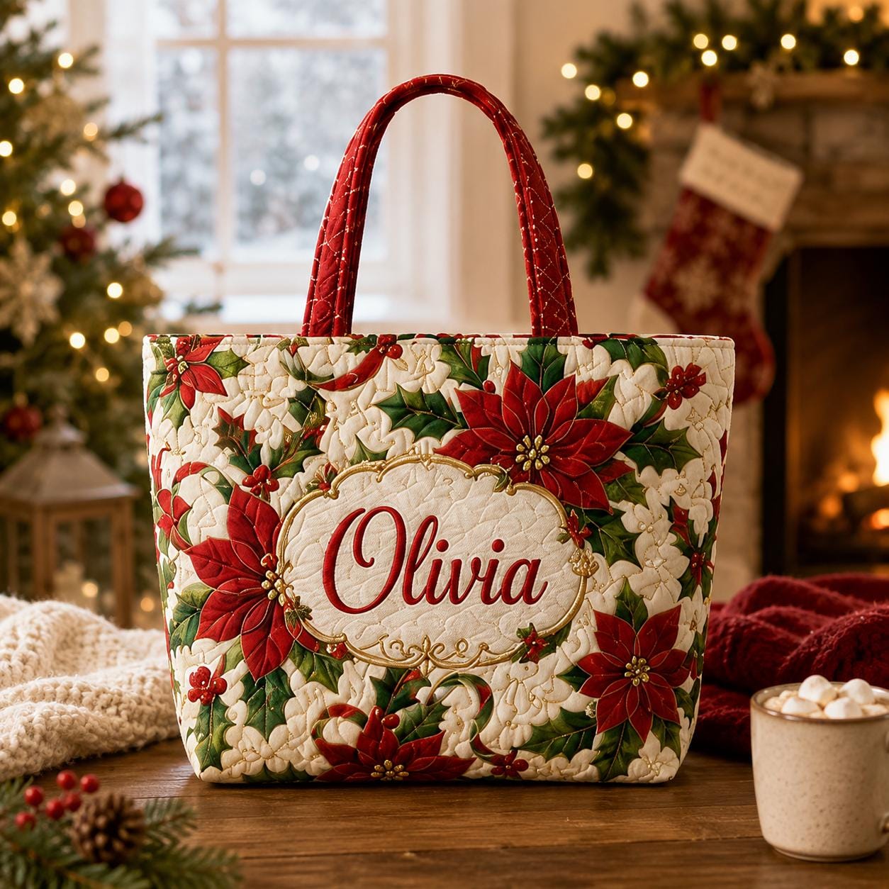 Personalized Designer Quilted Christmas Tote– Embroidered Name