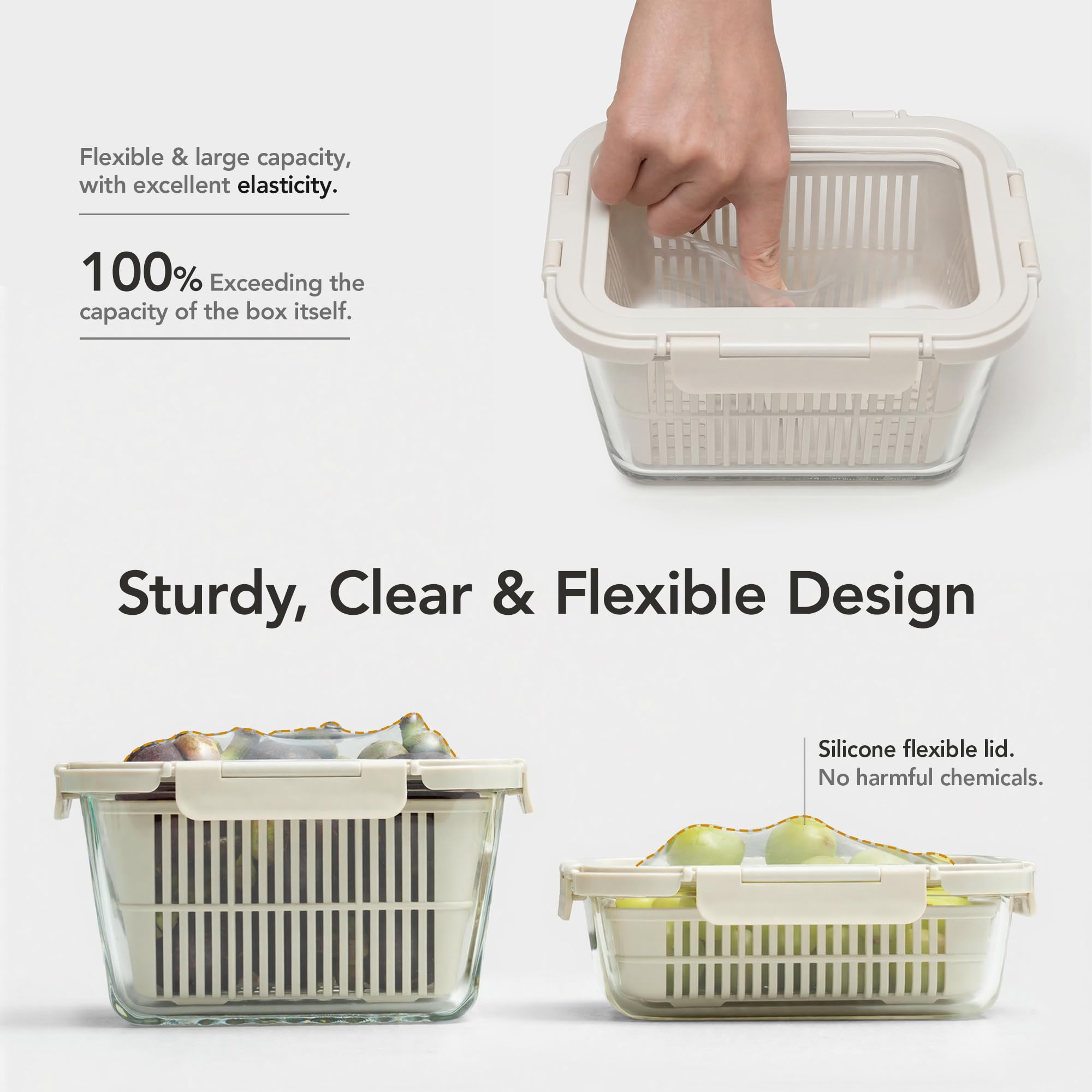  Airtight Fruit & Vegetable Containers with Removable Colanders, Flexible Silicone Lids,LeakProof, BPA-Free Borosilicate Glass