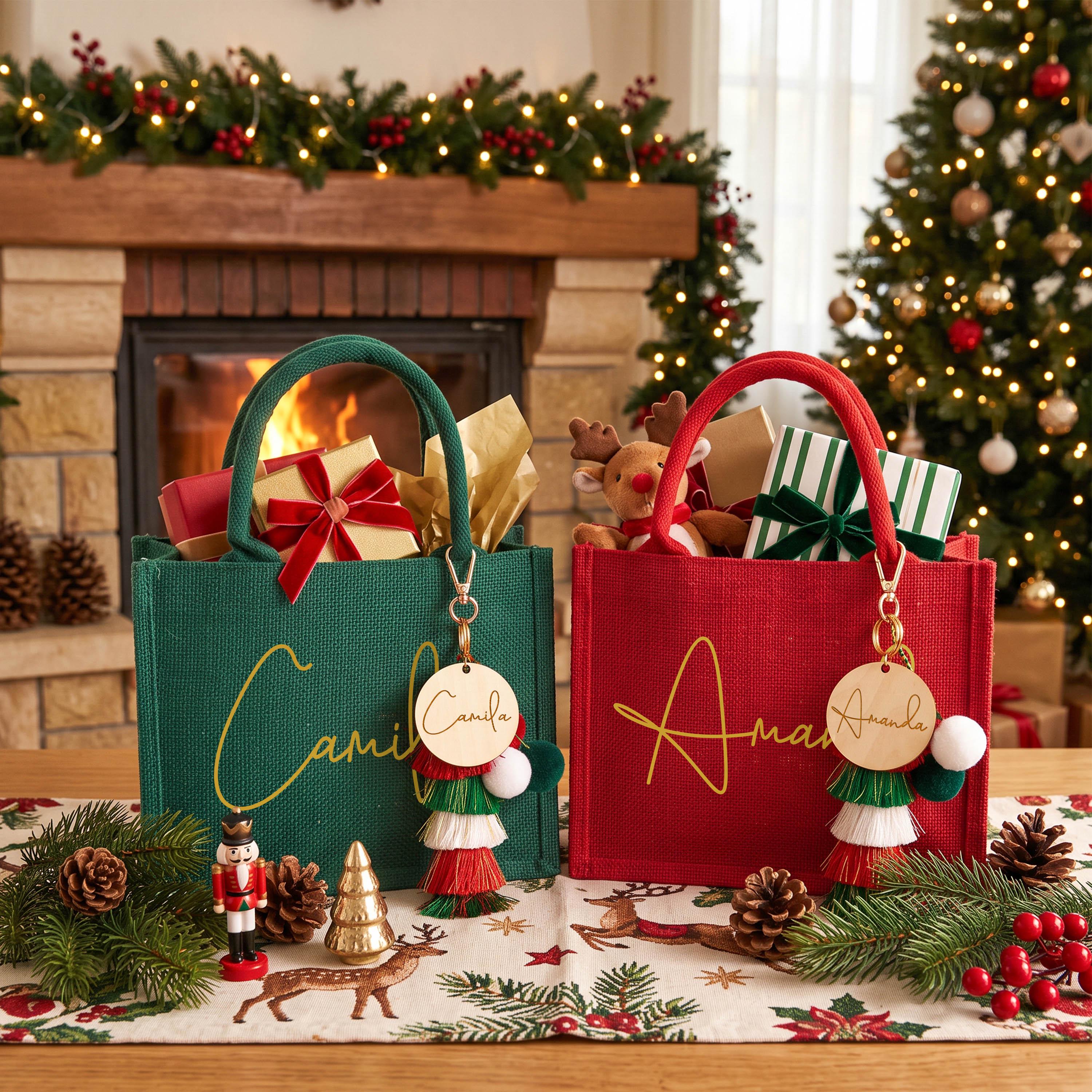 Personalized Christmas Burlap Tote Bag& Charm-Printed Name