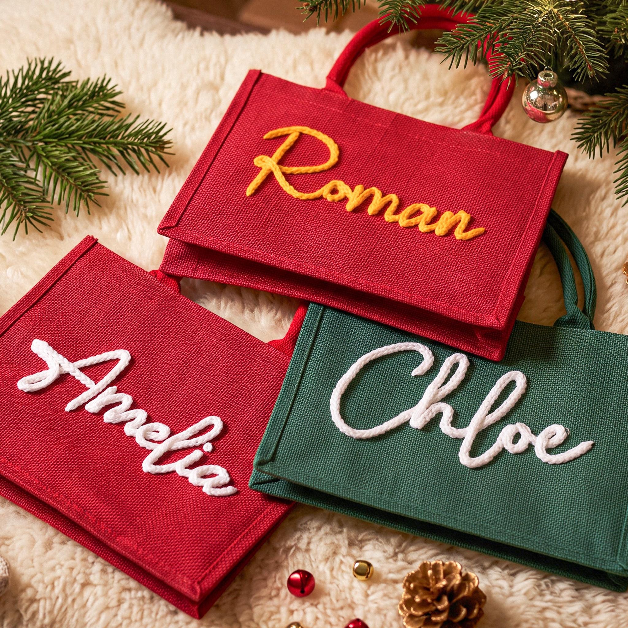Personalized Christmas Burlap Tote Bag – Yarn-Stitched Name