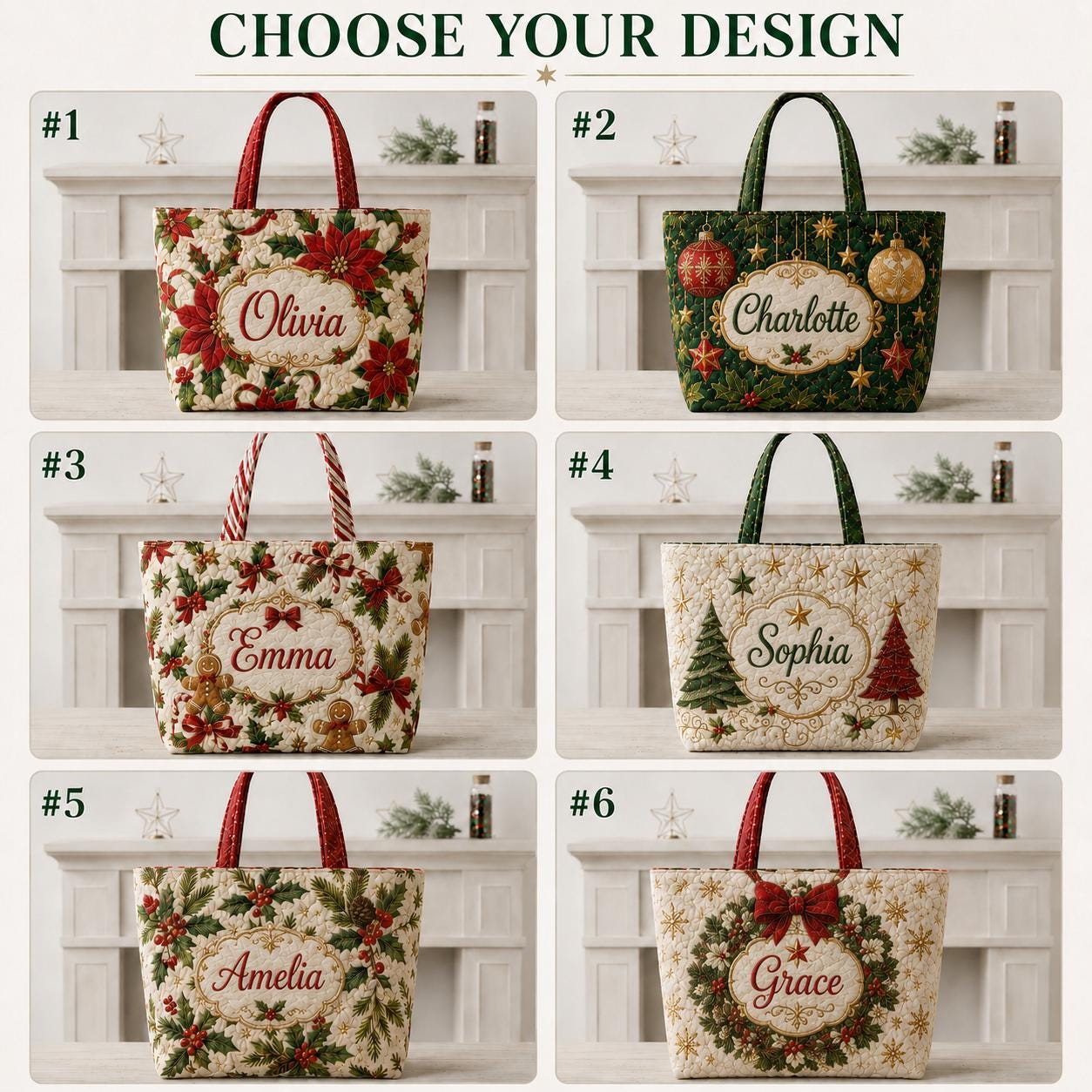 Personalized Designer Quilted Christmas Tote– Embroidered Name