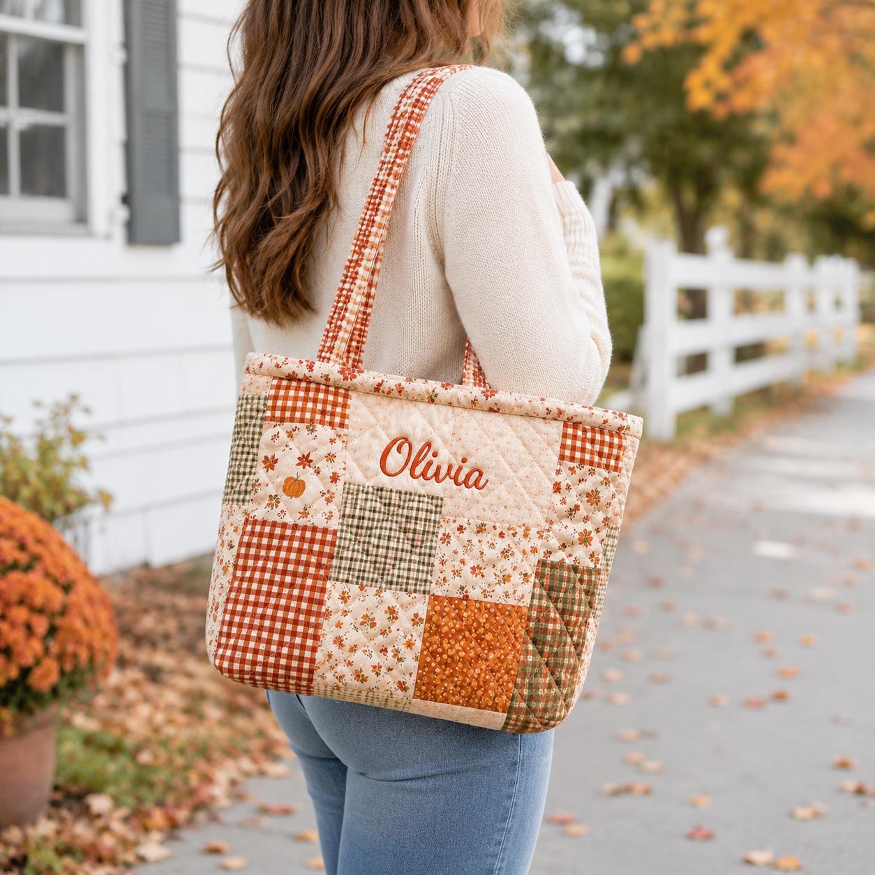 Personalized Fall Quilted Tote Bag-Embroidered Name