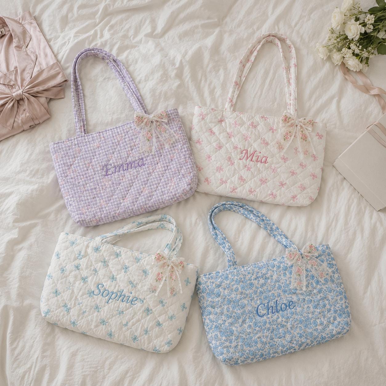Personalized Quilted Gingham & Floral Tote Bag with Bow-Embroidered Name